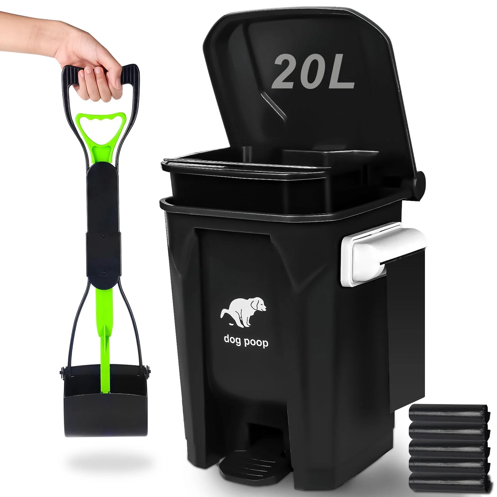 Sustainable Uppcasir Outdoor Dog Poop Trash Can with Foldable Scooper — 20L 5 Gallon Lid 100 Bags Black Recyclable