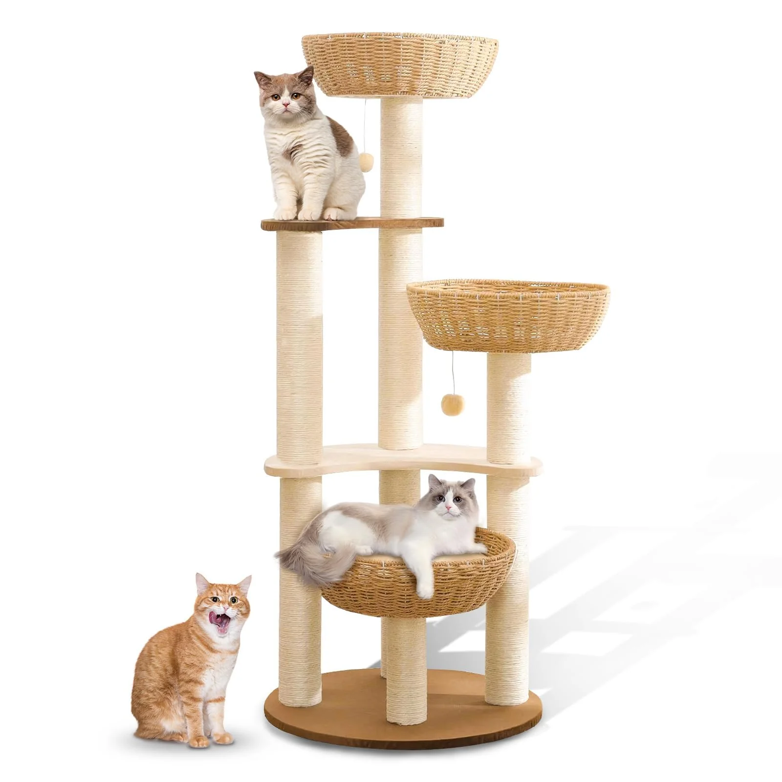 Unique Hiyong 52-Inch Modern Cat Tree Tower for Large Cats 3 Nests Multilevel Wood Cat Condo Durable