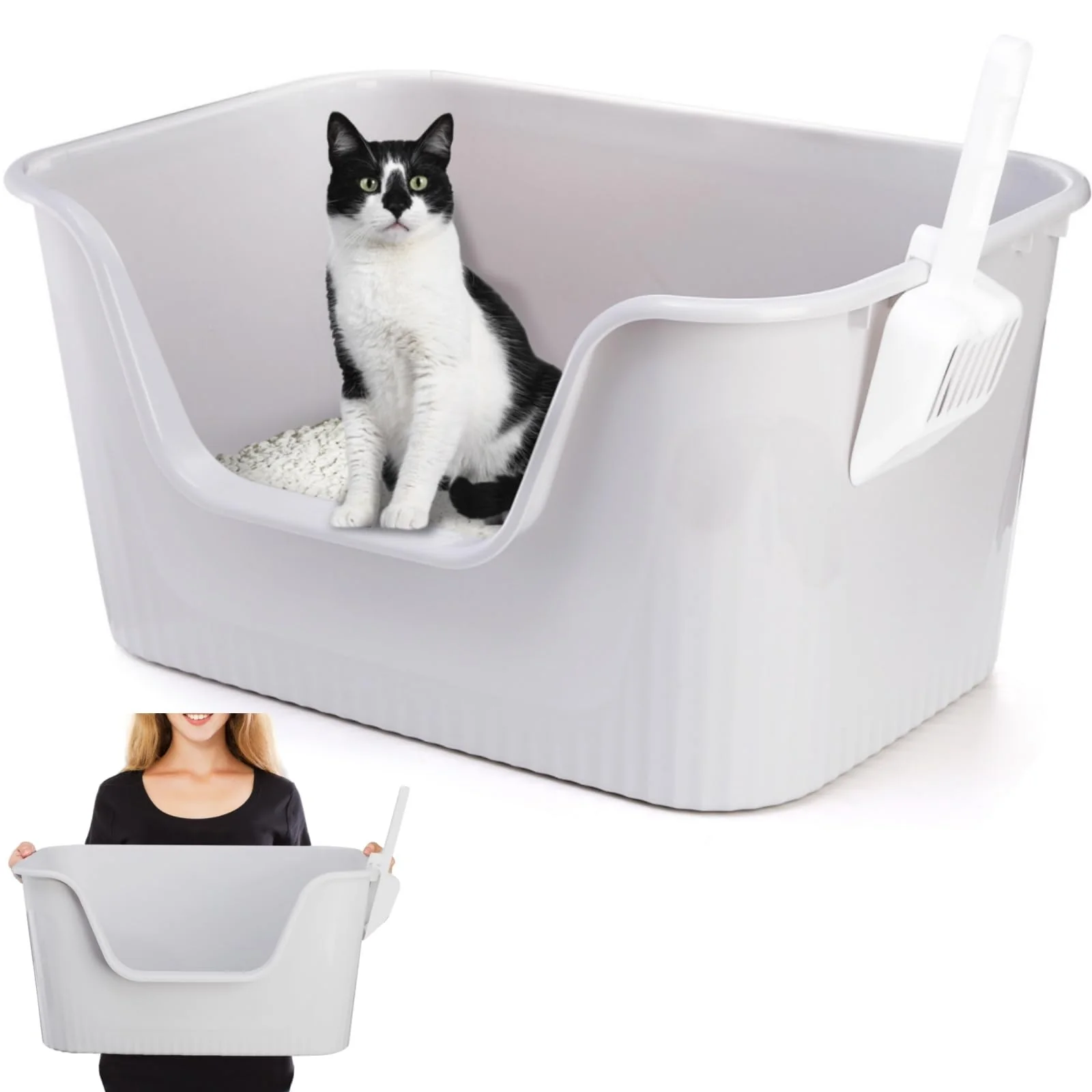 Unique Noamus Extra Large Litter Box with Scoop – High Sides Anti-Scatter 26x18x13 in Grey Consistent