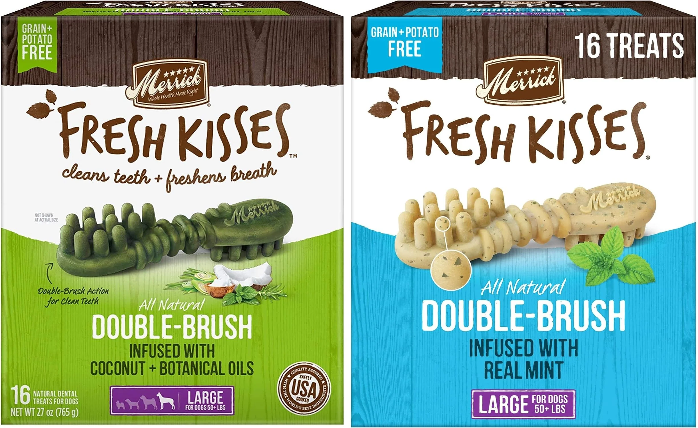 Elite Pet Faves Merrick Fresh Kisses Double-Brush Dental Treats for Large Dogs – Coconut Mint 2 Pack Modern