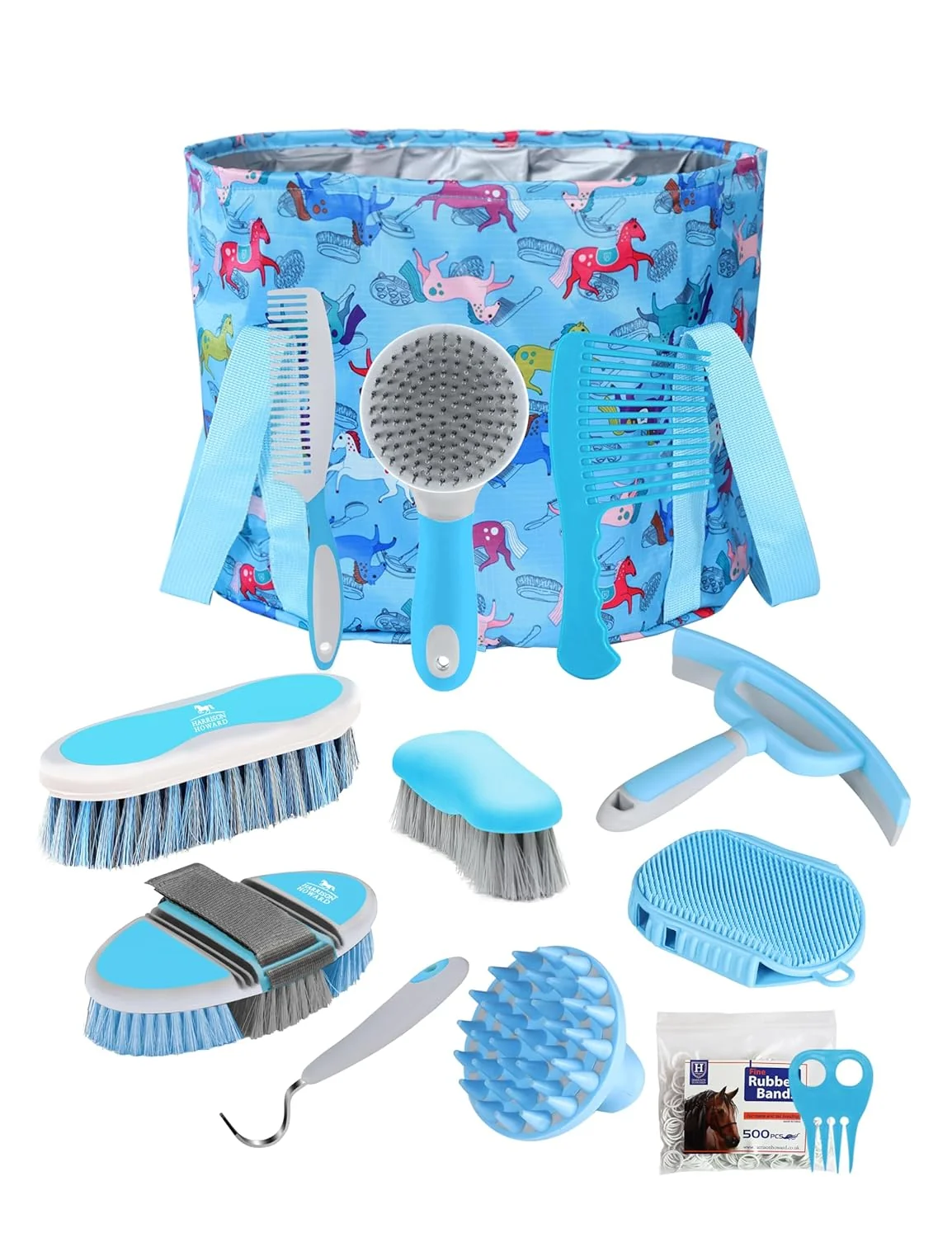 Unique Harrison Howard Horse Grooming Kit 11-Piece Equine Care Series Horse Brush Sets with Organizer Tote Bag Tack Room Supplies Shedding Grooming Massaging Tools Blue Brushstroke Ponies Eco-Friendly