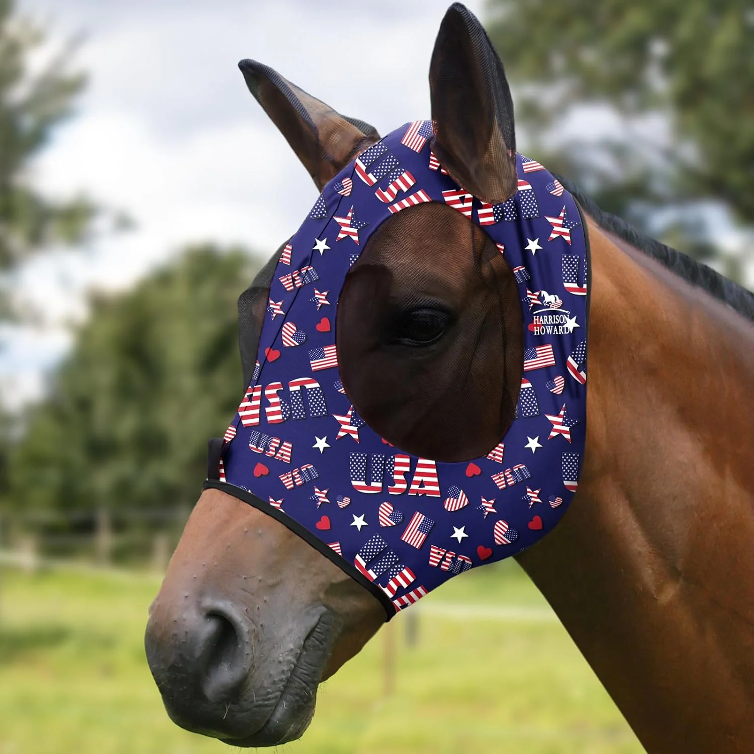 Quality Harrison Howard Super Comfort Stretchy Fly Mask Large Eye Space with UV Protection Soft on Skin with Breathability Classic Letters Full Size Secure