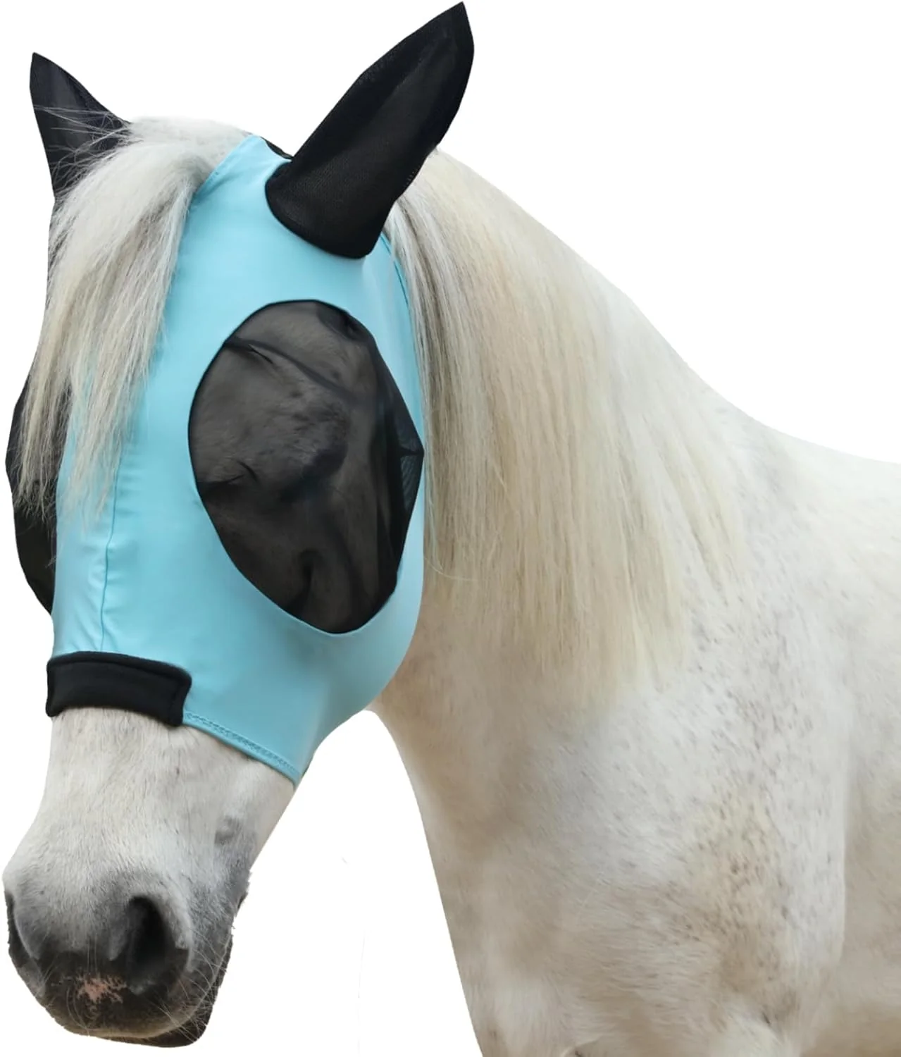 Effective Horse Fly Mask with Ears - Large Eye Space for Full Vision Breathable Stretch Comfort Fit UV Protection Forelock Opening Easy Pull-On Paleblue Full Efficient