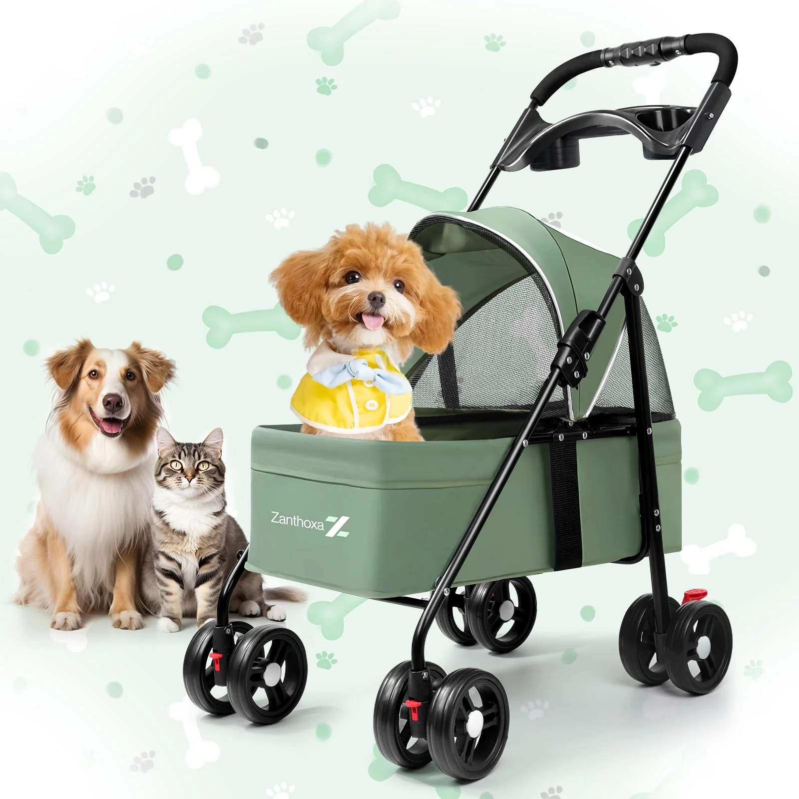 Advanced Zanthoxa Pet Stroller for Small Dogs Cats — One-Click Foldable 4-Wheel Design Flexible