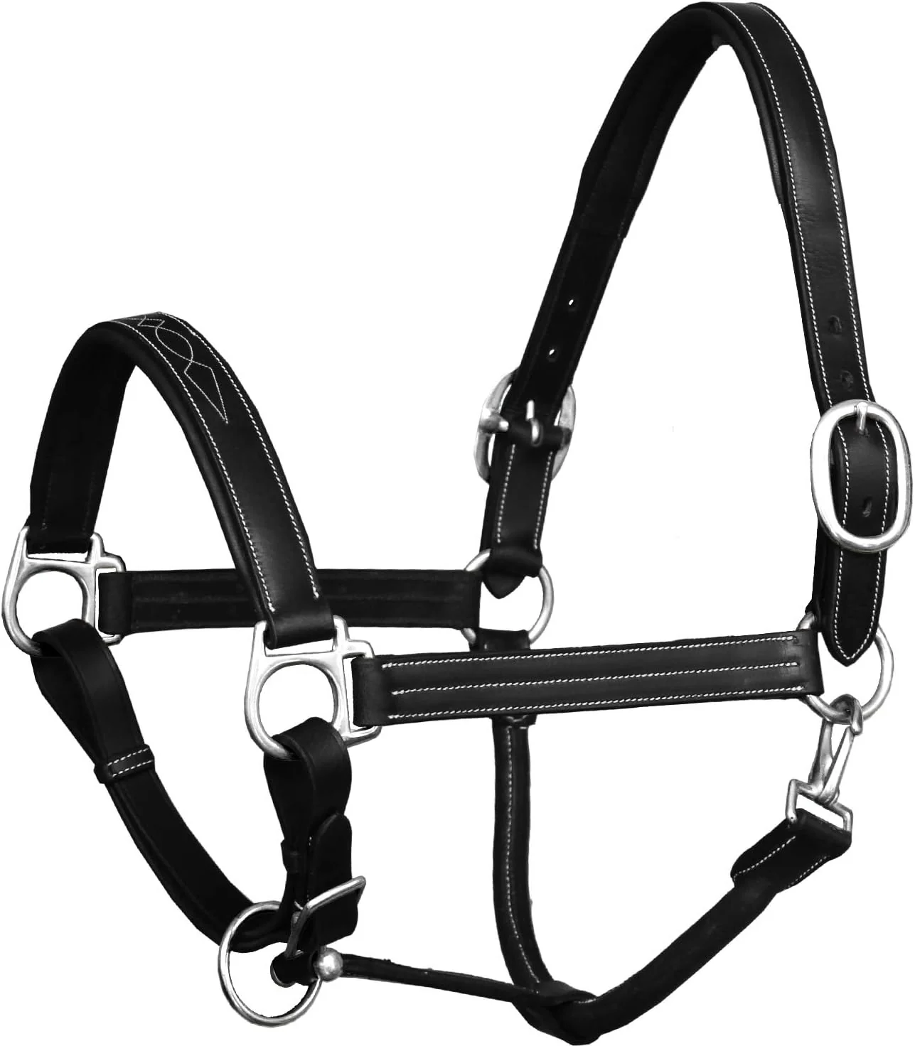 User-Friendly Exion Leather Horse Halter with Fancy Stitching Black Brown Padded Halter with Silver Brass Hardware Quick-Release Snap Adjustable Leather Halter – Cob Full Over Pony Sizes Stylish