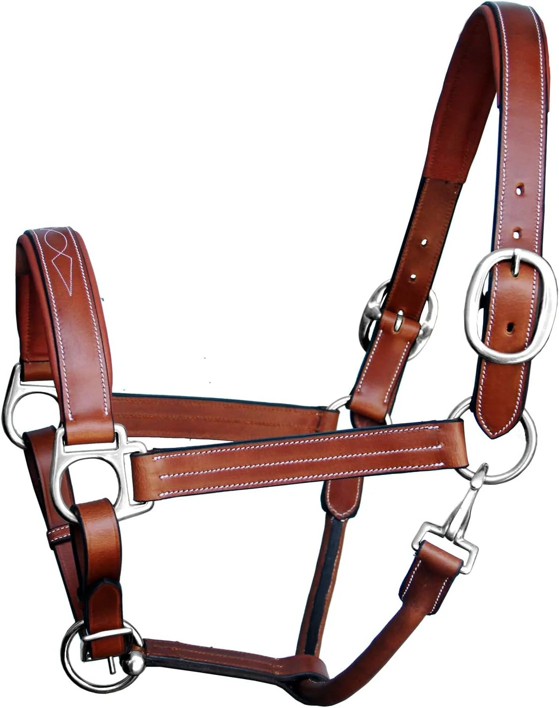Eco-Friendly Exion Leather Horse Halter with Fancy Stitching Black Brown Padded Halter with Silver Brass Hardware Quick-Release Snap Adjustable Leather Halter – Cob Full Over Pony Sizes Detailed