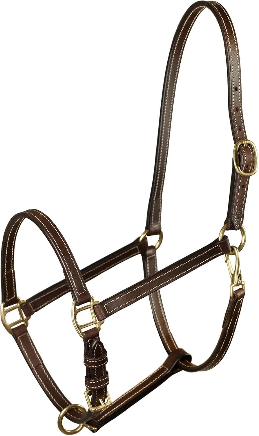 Superior HORZE Fremont Soft Synthetic Leather Horse Halter - Fully Adjustable Halter with Brass Hardware Contrast Stitching - Brown Shetland Responsible
