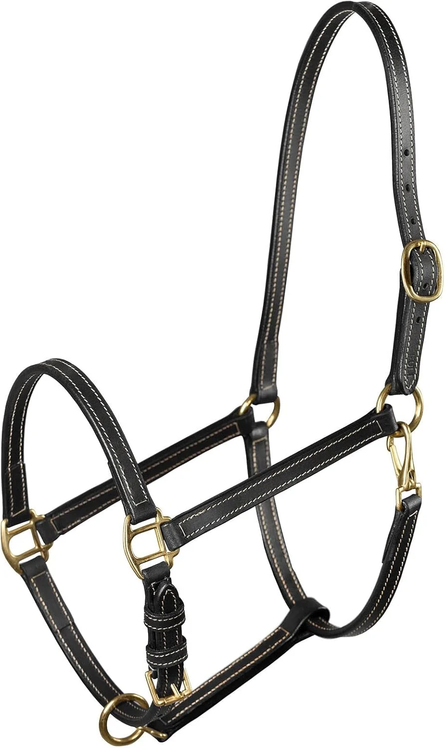 World-Class HORZE Fremont Soft Leather Horse Halter Fully Adjustable with Brass Hardware Contrast Stitching - Black - Warmblood Breathable