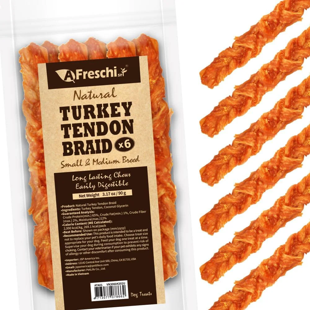 Prestigious Afreschi Turkey Tendon Braid M 3.17 oz USA-Sourced Turkey Tendon All Natural Human Grade Dog Chew Hypoallergenic Rawhide Dog Treats for Small Medium Breeds Sustainable