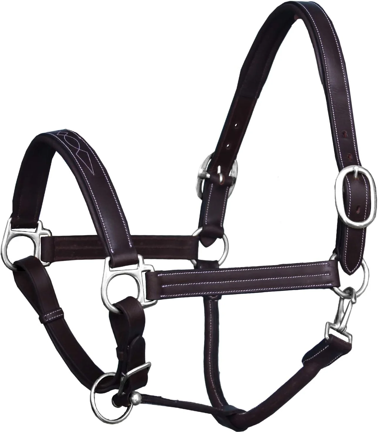 Clean Exion Leather Horse Halter with Fancy Stitching Black Brown Padded Halter with Silver Brass Hardware Quick-Release Snap Adjustable Leather Halter – Cob Full Over Pony Sizes Natural