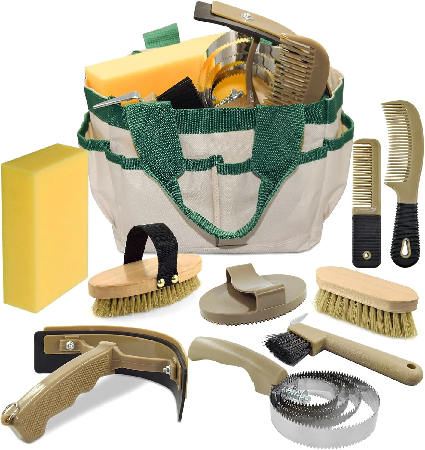 Fine Crafted 9 Pieces Horse Grooming Kit Tack Room Supplies Set with Tote Bag Horse Brush Set for Effective Cleaning and Bathing Professional Equine Coat Care Kit for Horse Riders Beginner Specialty