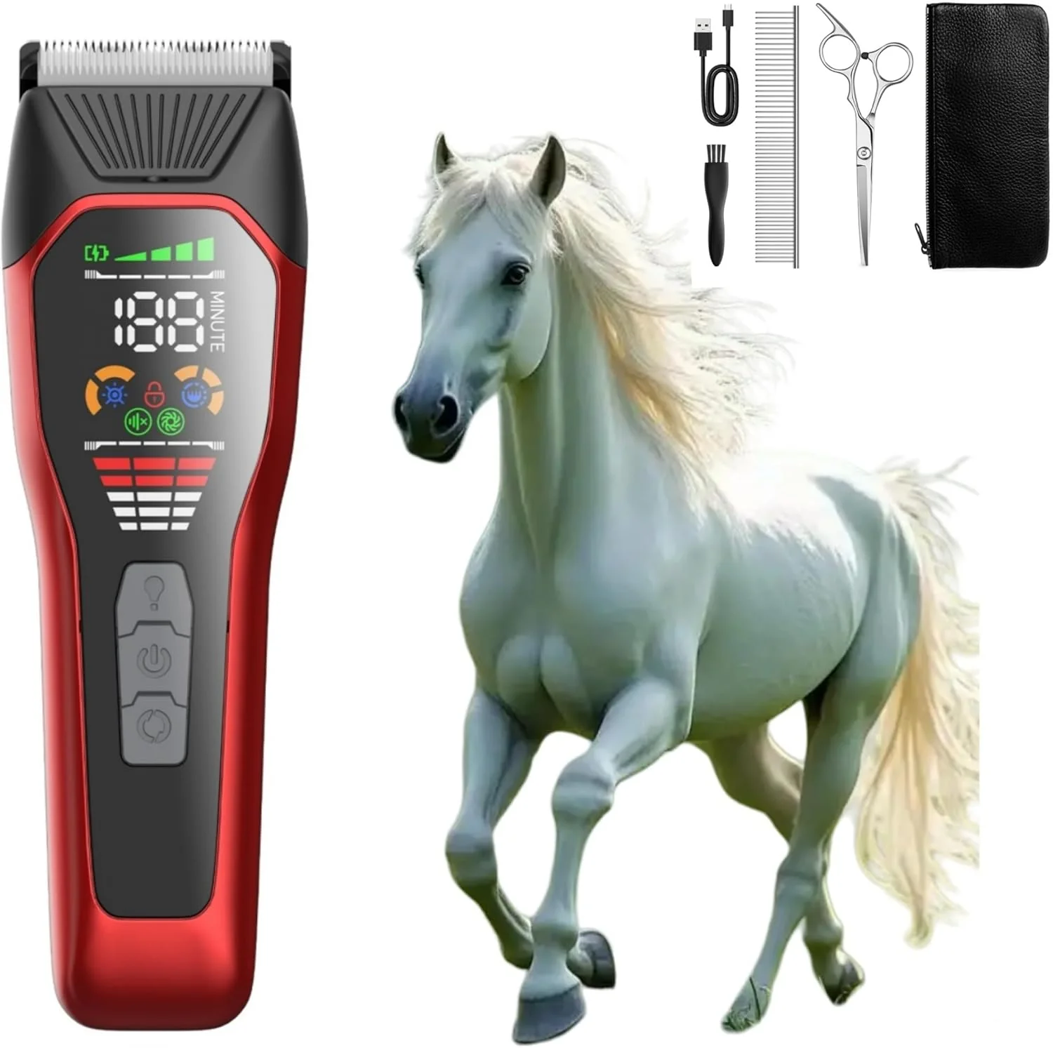 Professional Horse Clippers Quiet 2-Speed Horse Grooming Clippers Rechargeable Pet Shaver with Scissors for Matted Long Hair Cordless Wide-Blade Powerful Horse Trimmer Kit for Thick Coat 066 Red Fashionable