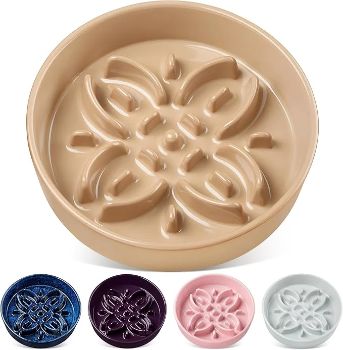 Traditional vancasso Ceramic Slow Feeder Dog Bowls Puzzle Dog Food Bowls with Floral Maze Anti -Slip Pet Food Dish for Large Breed 3 Cups BrownAbout ThisOverview Efficient