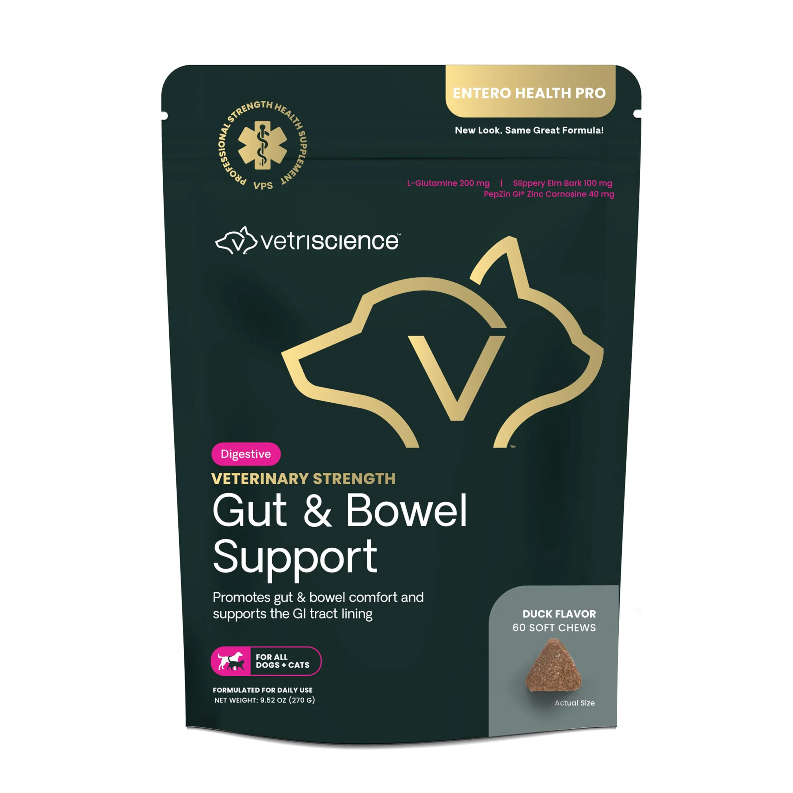 Minimalist VETRISCIENCE Gut Bowel Support for Dogs Cats - Duck Flavor 60 Count Premium