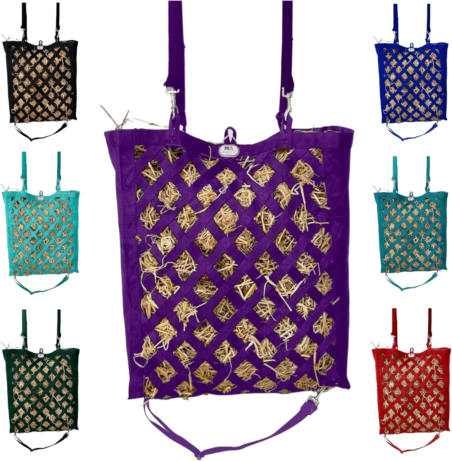 Effective Majestic Ally Premium Nylon Hay Bag for Horses and Livestock Simulates Grazing Slow Feeding Heavy-Duty PP Webbing Quick-Adjust Straps Small Hole for Digestion Multiple Colors Purple High-Quality