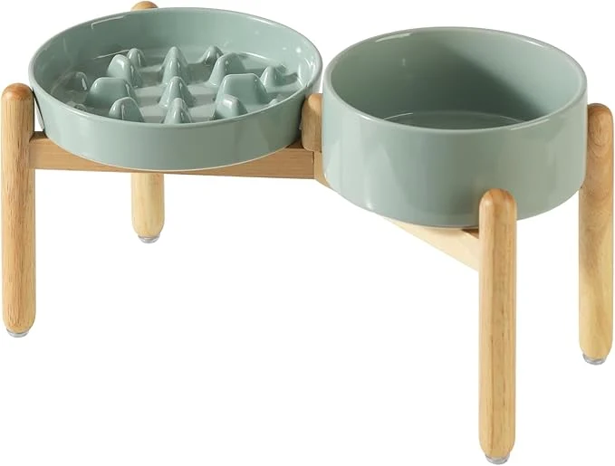 Ceramic Raised Slow Feeder Dog Bowl Set d 7.3inch Bowl and 8.2inch Slow Pet Food Dish with Wooden Stand for Medium and Large Dog 2 x Light Green Stand About ThisOverview Fast