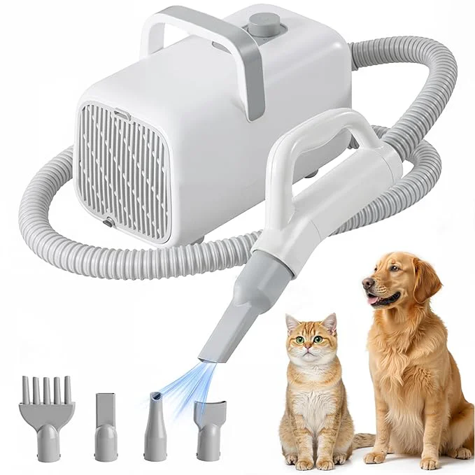 Verified DUMOS Pet Blow Dryer Grooming Vacuum Kit Dog Dog Hair Dryer with Adjustable Wind Speed Heater Temperature Cool-Warm-Hot Cycle Mode 4 Nozzles 6.5 FT Cord for Low Noise Cat Hair Remover White Flexible