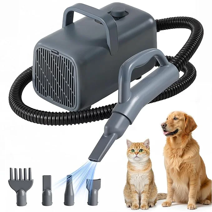 Functional DUMOS Pet Blow Dryer Grooming Vacuum Kit Dog Dog Hair Dryer with Adjustable Wind Speed Heater Temperature Cool-Warm-Hot Cycle Mode 4 Nozzles 6.5 FT Cord for Low Noise Cat Hair Remover Grey Easy-to-Use