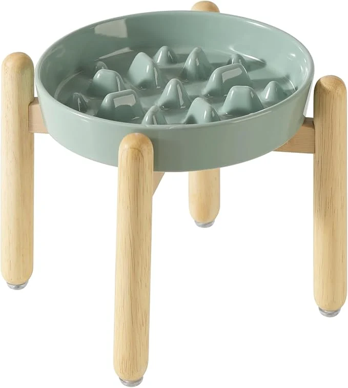 Comfortable Ceramic 1.6 Cup Dog Raised Slow Feeder Set d Bowl with Wooden Stand for Medium and Large Dog 8.2inch Slow Feeder Dish for Fast Easters Anti-Gulping Light Green Single Bowl Stand About ThisOverview Environmentally Friendly
