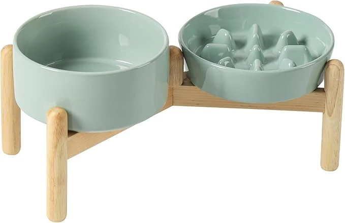Carefully Designed Ceramic 0.9 Cup Raised Slow Feeder Dog Bowl Set d 6.1inch Slow Dish and 6.1inch Water Bowl with Wooden Stand for Small Dogs 2 x Light Green Stand About ThisOverview Functional