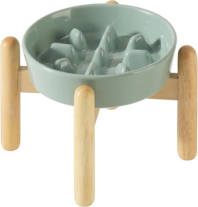 Secure Ceramic 0.9 Cup Dog Raised Slow Feeder Set d Bowl with Wooden Stand for Small Dog 6.1inch Pet Slow Feeder Dish for Fast Easters Preventing Choking Light Green Single Bowl Stand About ThisOverview Stylish