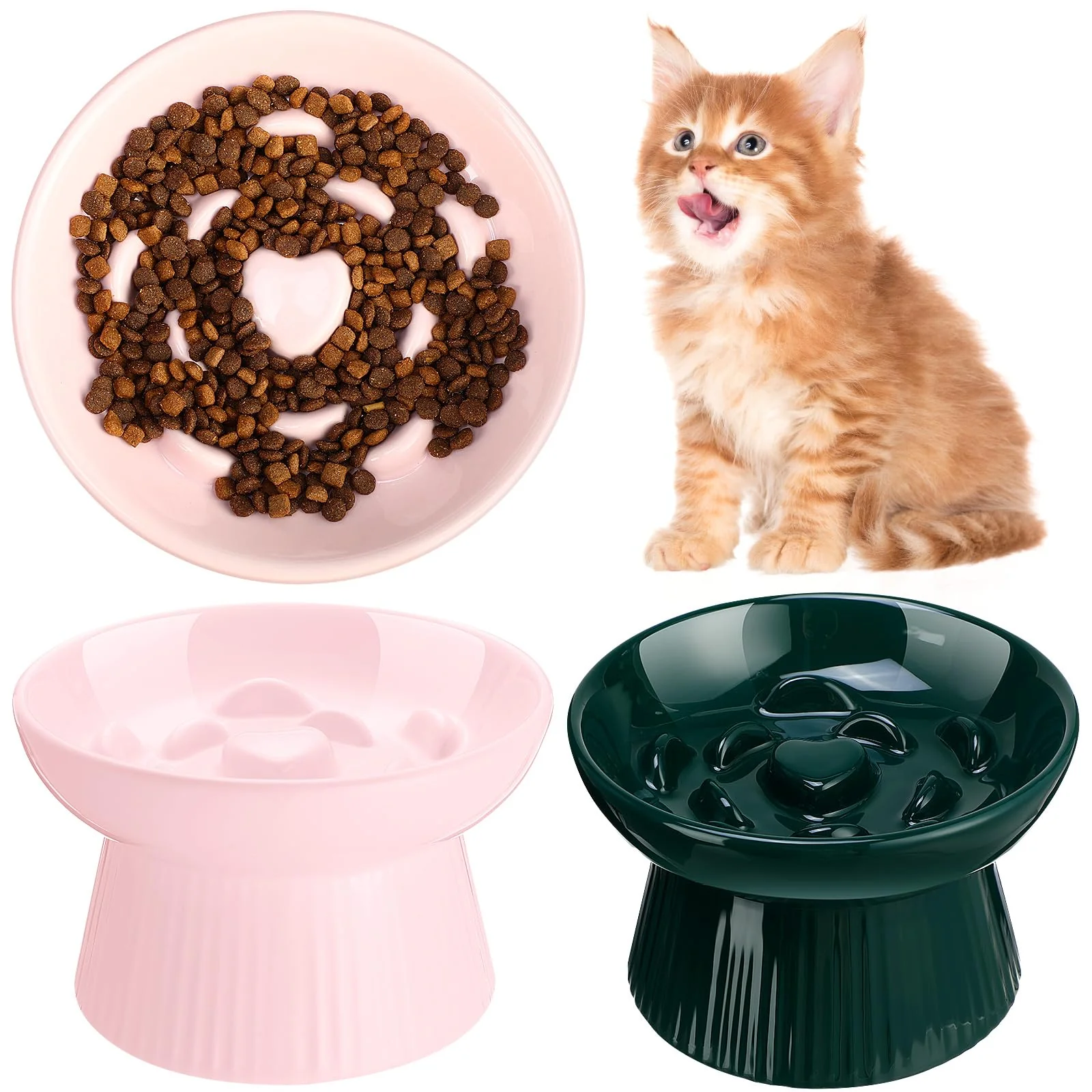Artisan Tioncy Raised Ceramic Slow Feeder Bowls – 2-Piece Set Pink Dark Green Top-Quality