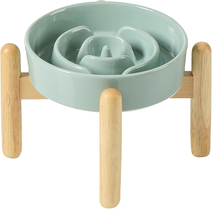 Superior Ceramic 0.9 Cup Raised Dog Slow Feeder Set d Bowl with Wooden Stand for Small Dog and Cat 6.1inch Puzzle Slow Dog Food Dish Anti-Gulping Light Green Single Bowl Stand About ThisOverview Trusted