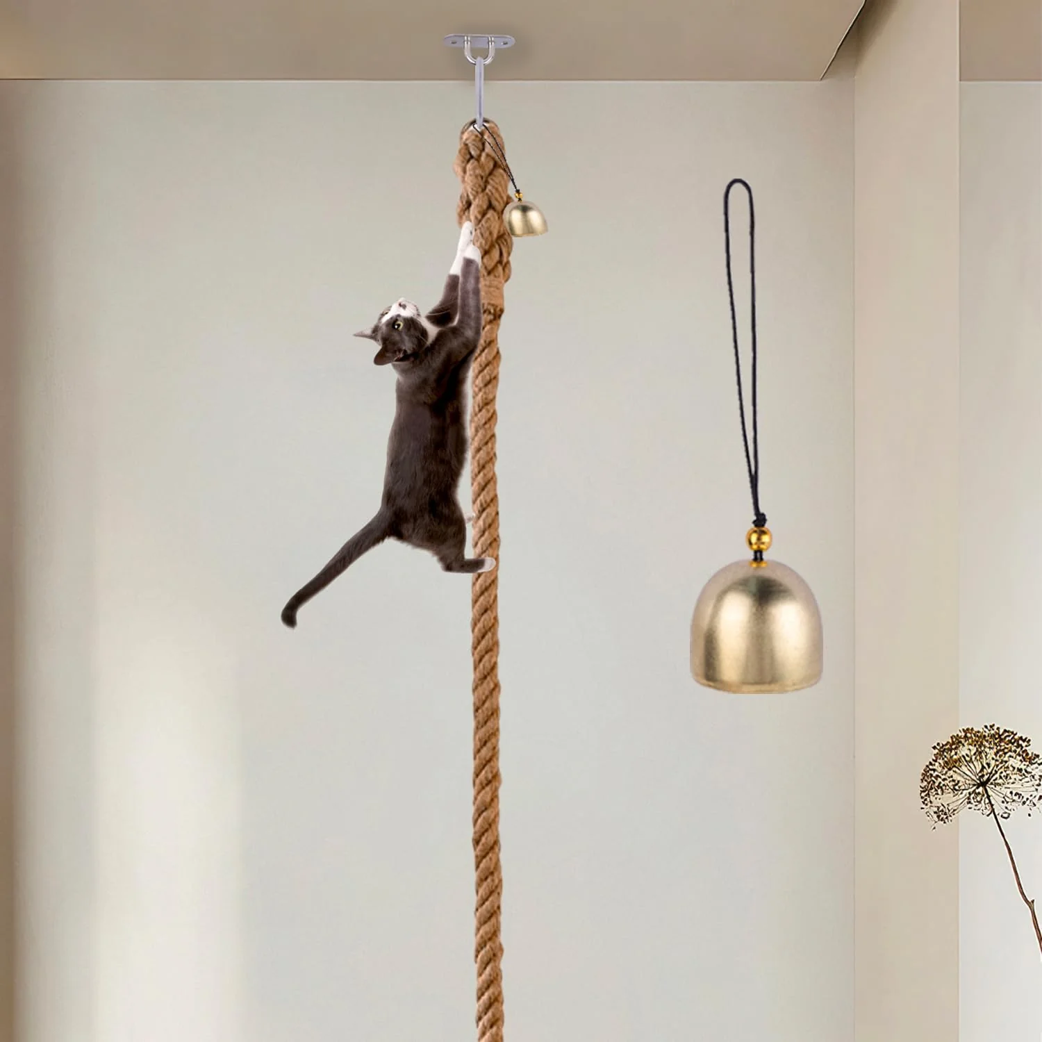 Sophisticated Rubierine Cat Climbing Rope 2in x 9.84ft – Natural Sisal with Hook Bell Smart