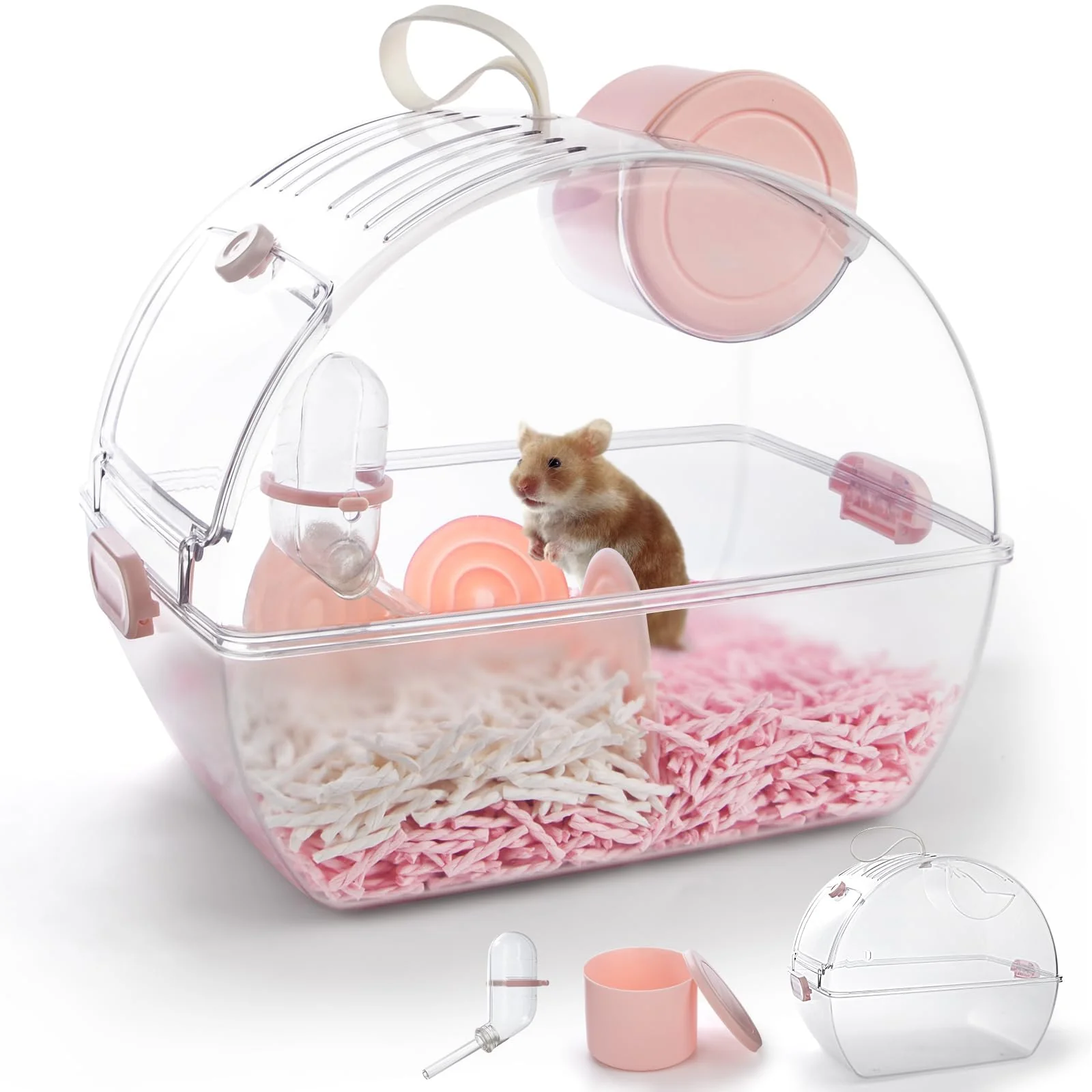 Carefully Designed ECOCEN Small Portable Hamster Cage 360° View Travel Carrier – Pink 13×8.2×10.8 in Clean