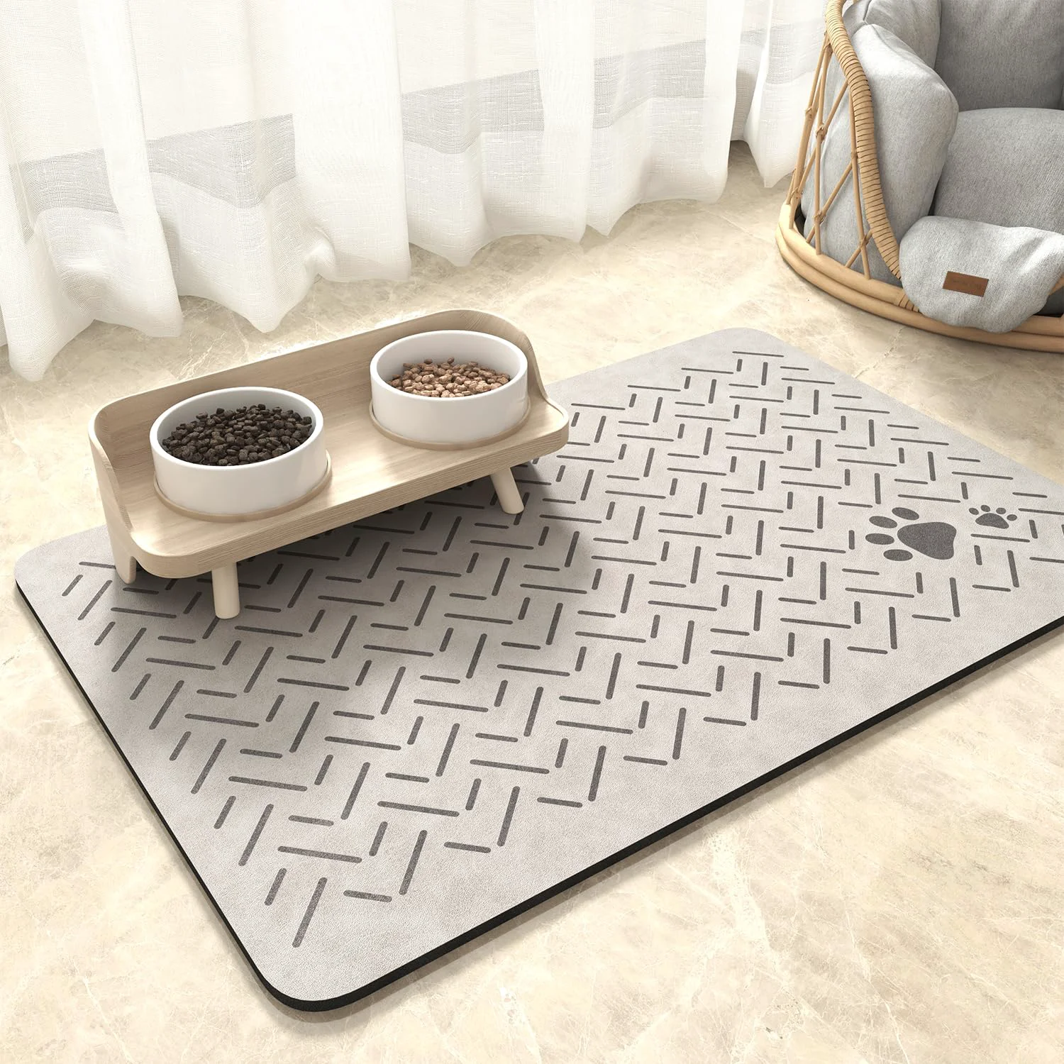 World-Class MontVoo Absorbent Pet Feeding Mat – No-Stain Quick-Dry Rubber-Backed Bowl Mat Light Grey 17x28 High-Grade