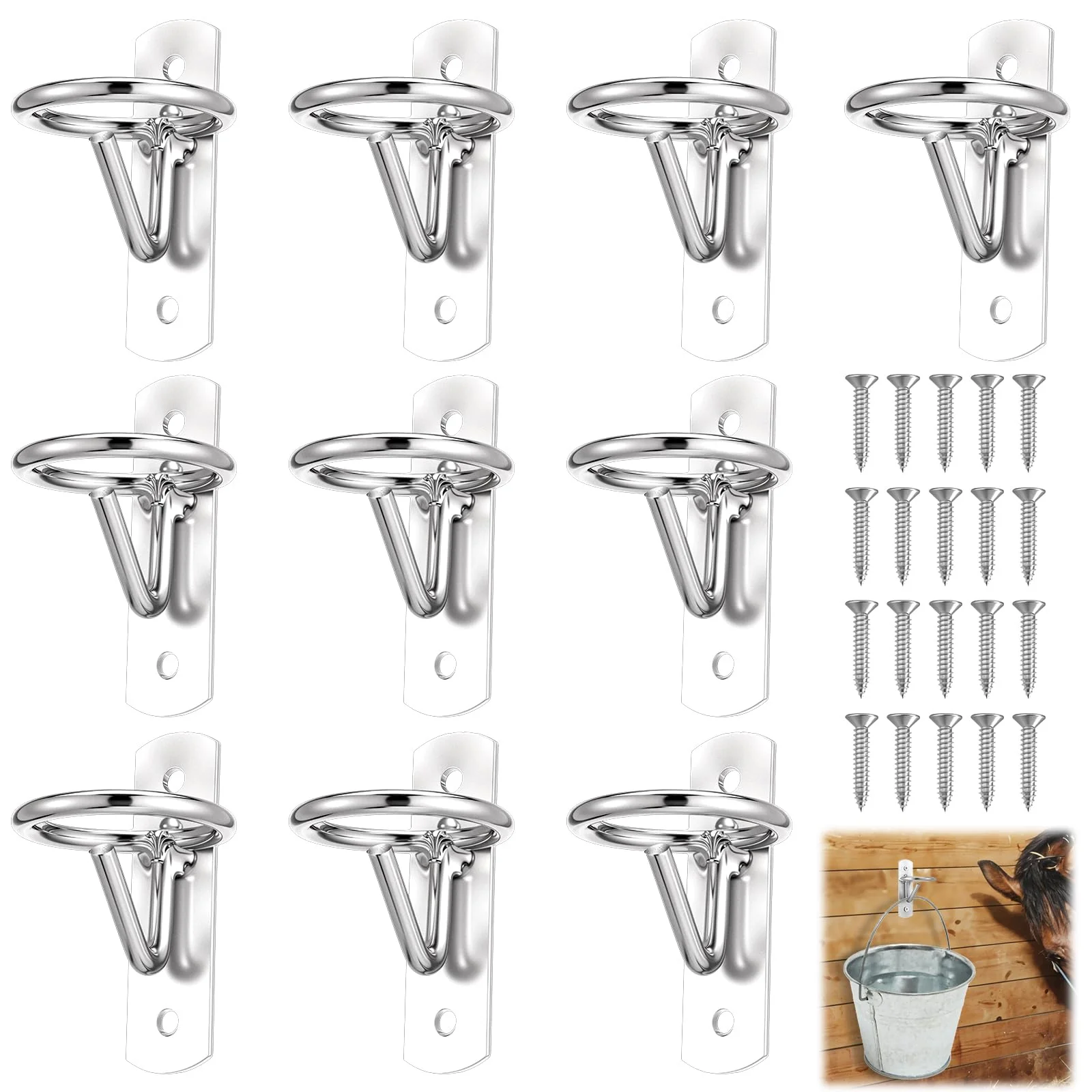 Reusable mekueeex 10 PCS Bucket Hook Hangers — Heavy-Duty Wall-Mount Horse Stall Hooks Silver Modern