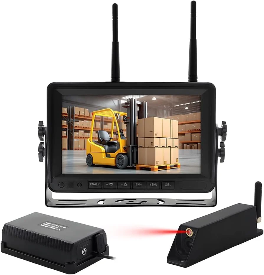 Functional 7-inch Forklift Reversing Monitor HD Night Vision 1080P Magnetic Wireless Reversing Camera Waterproof IP68 IR Laser Positioning Camera for Forklifts Vans Trucks and Trailers High-Grade