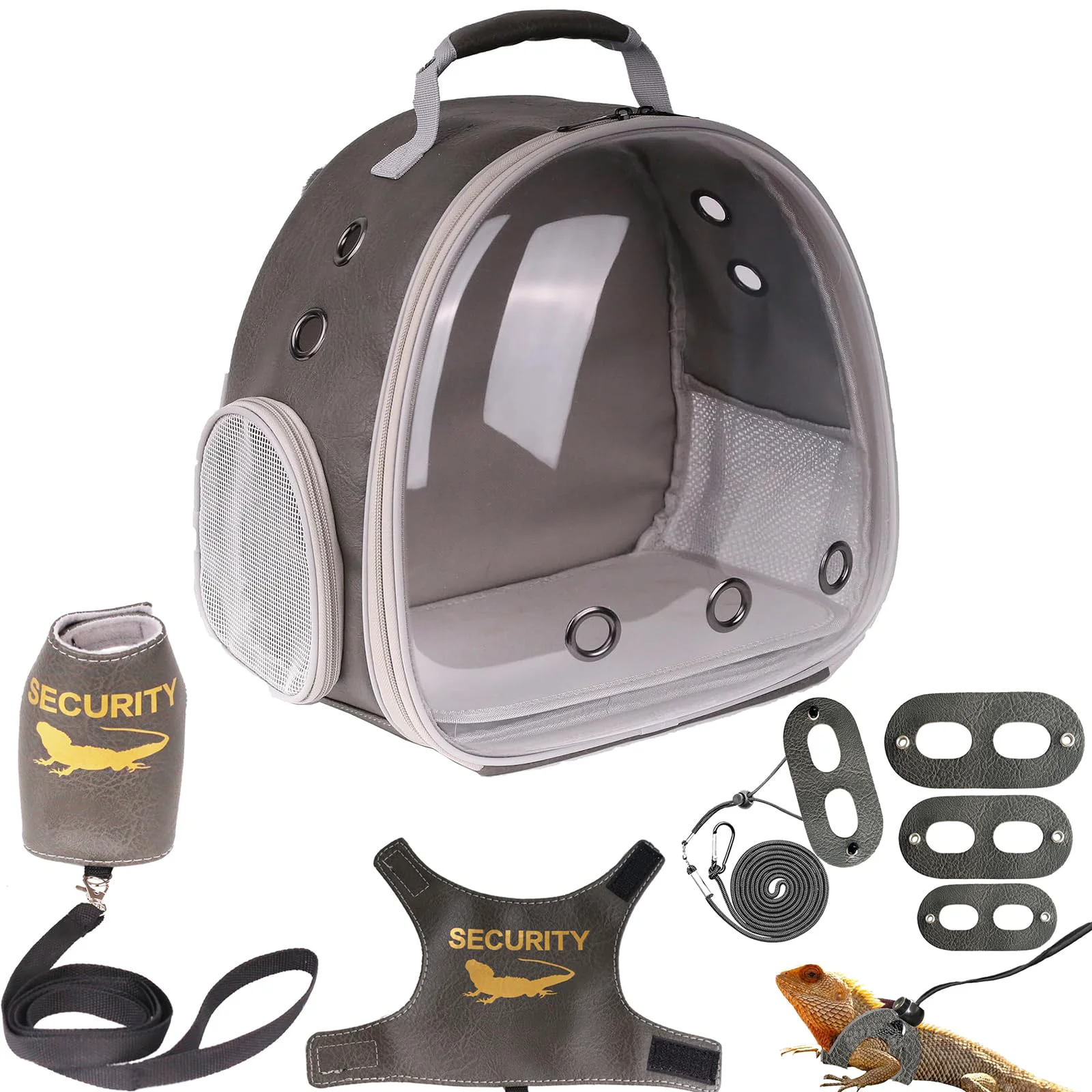 Green Halinfer Bearded Dragon Carrier Backpack with Security Harness Leash – Grey PU Leather Effective