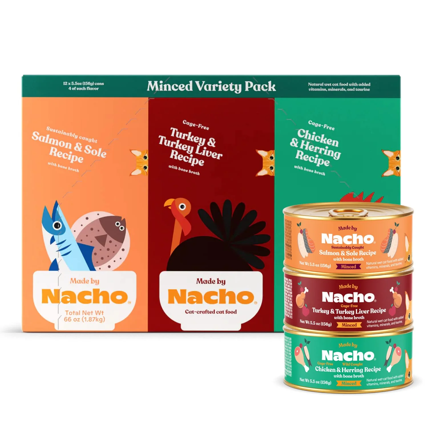 Superior Made by Nacho Premium Minced Wet Cat Food with Hydrating Bone Broth — 12-Pack Variety Turkey Chicken Salmon Next-Generation