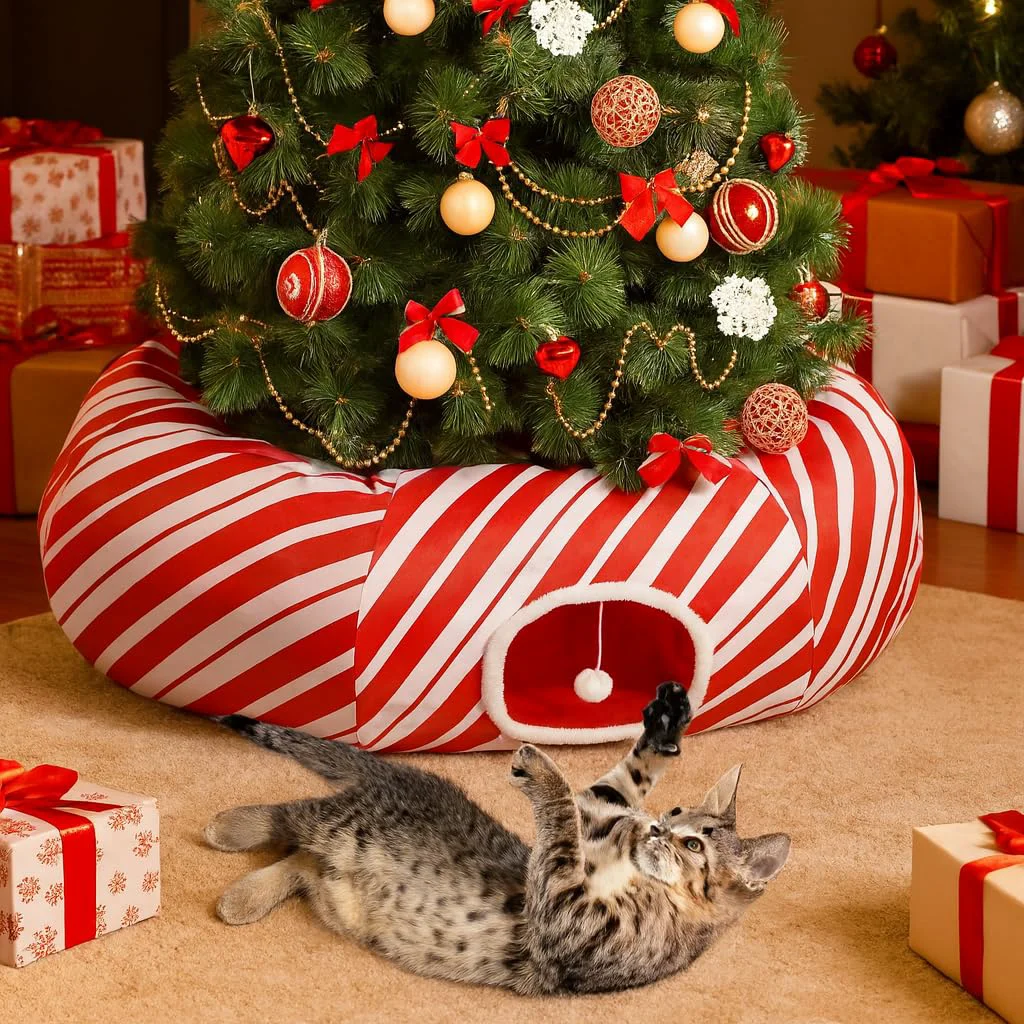 Top-Quality Petsinurarea 3-in-1 Christmas Tree Cat Tunnel Bed for Indoor Cats — Donut Bed Play Tunnel Functional