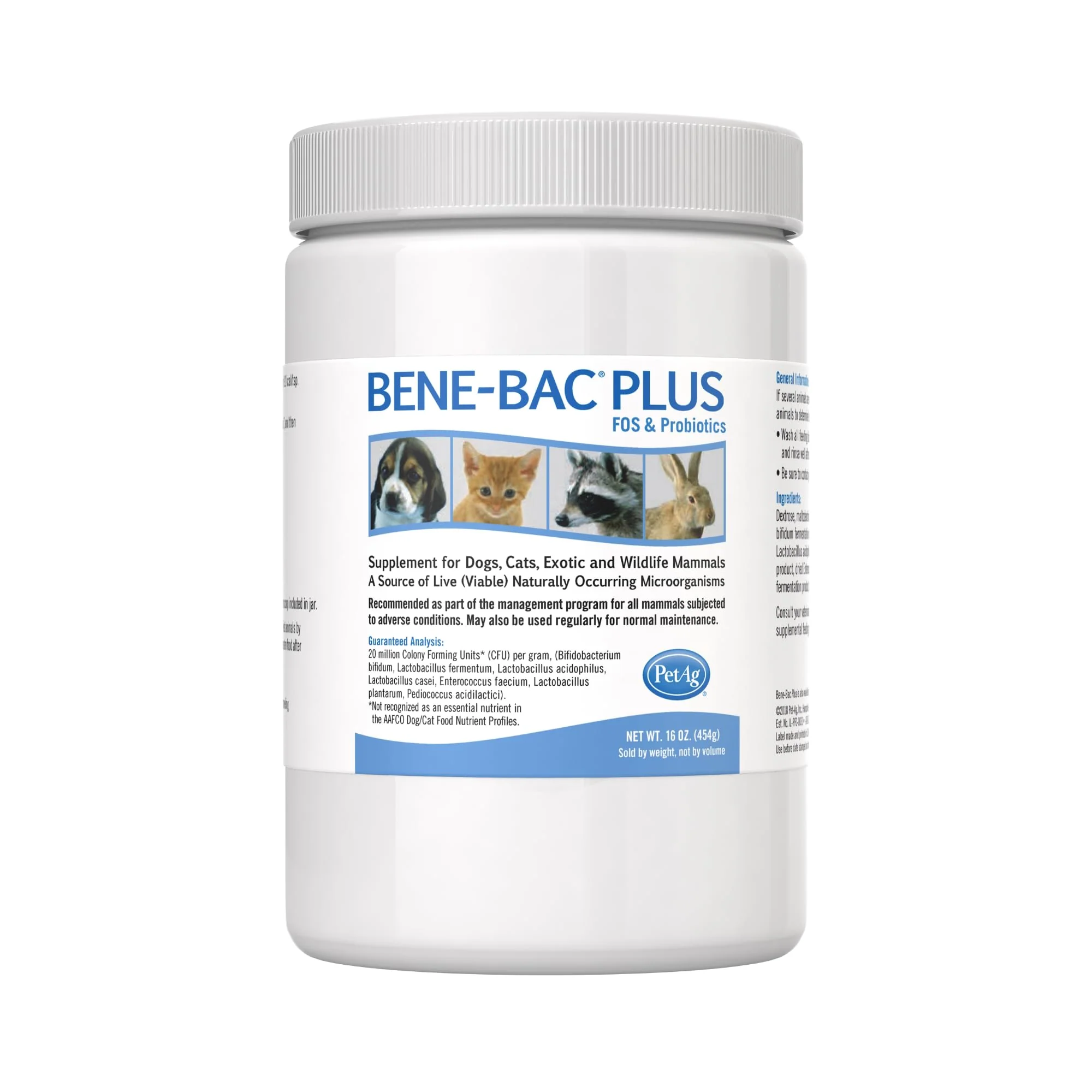 Sustainable PetAg Bene-Bac Plus - 1 lb FOS Probiotics Powder for Dogs Cats Exotic Mammals High-Performance