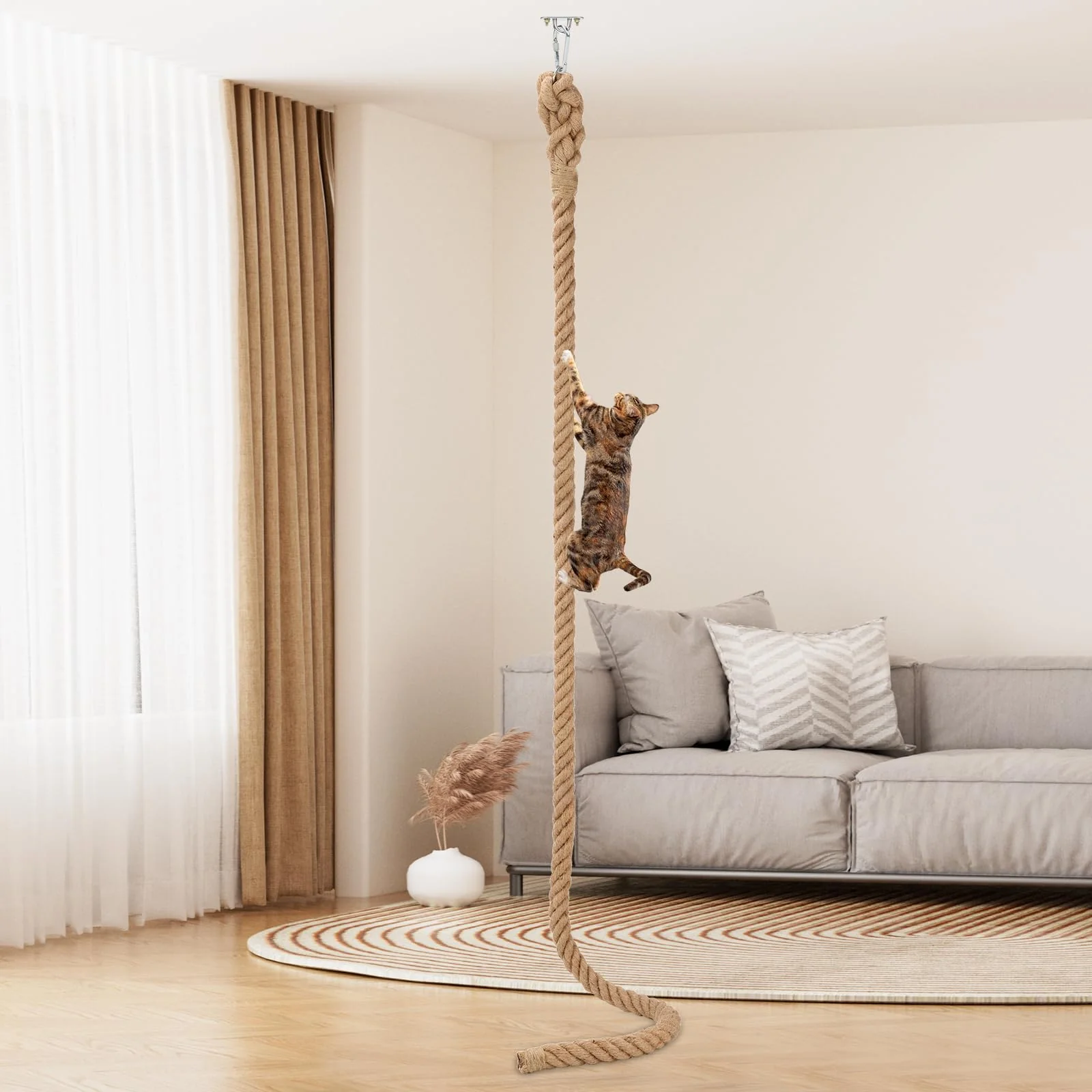 Fine Lonepetu 2in x 9.84ft Cat Climbing Rope with Hook – Natural Jute Wall or Ceiling Mount Indoor Outdoor Original