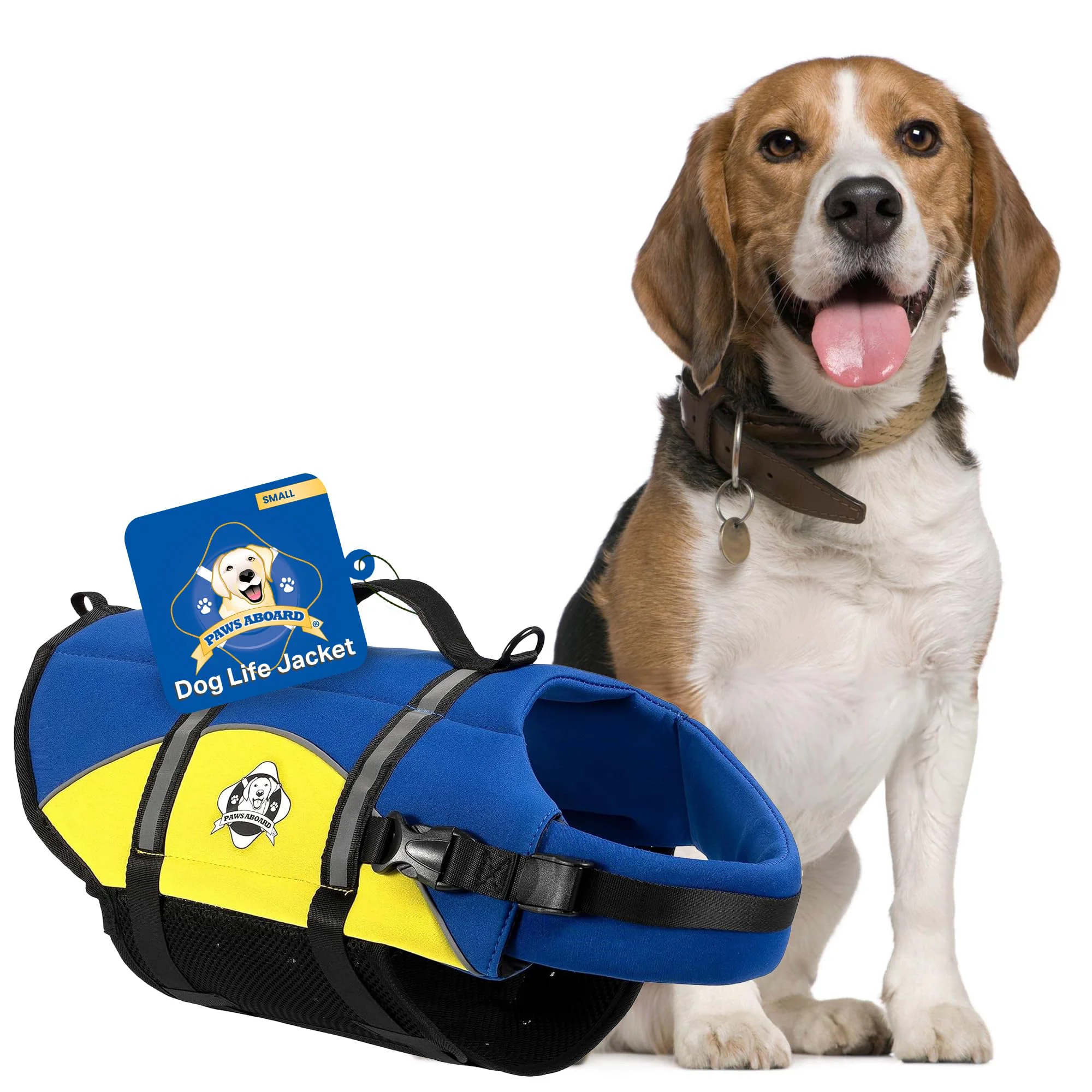 Innovative Paws Aboard Dog Life Jacket – Adjustable Swimming Vest with Handle Blue Yellow Small Excellent