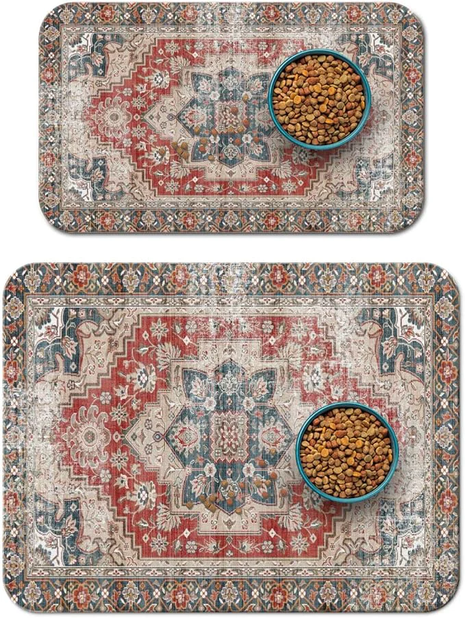 Luxury 2 Pack Dog Food Mats for Floors Absorbent and Quick-Drying Pet Cat Food Mat Green