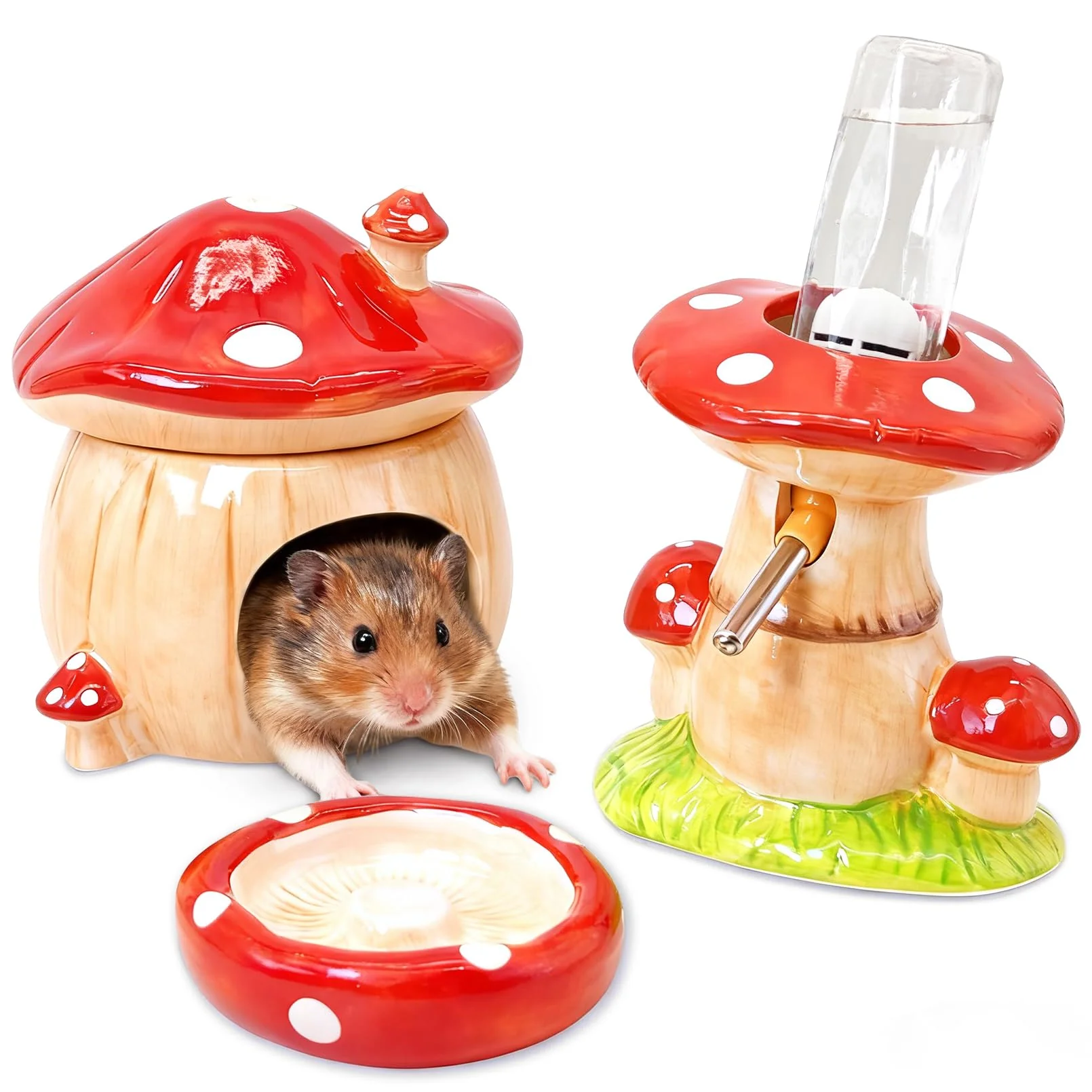 Enhanced BNOSDM 3-in-1 Ceramic Hamster Hideout Food Bowl Water Bottle Stand – Mushroom Red Durable