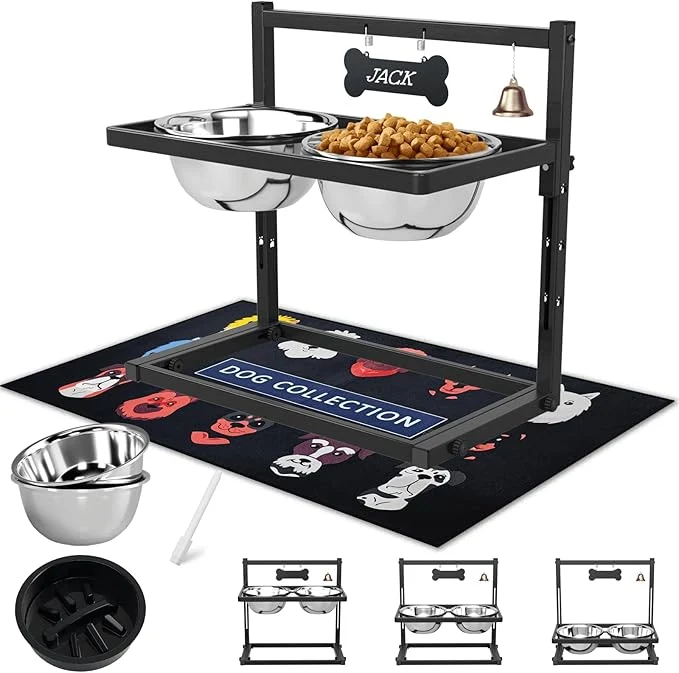Trendy SHAINFUN d Dog Bowls with Slow Feeder Spillproof Mat Raised Dog Bowl Stand with 2 Stainless Steel Food Water Bowls Adjustable Height Stand for Large Medium BreedsAbout ThisOverview Premium