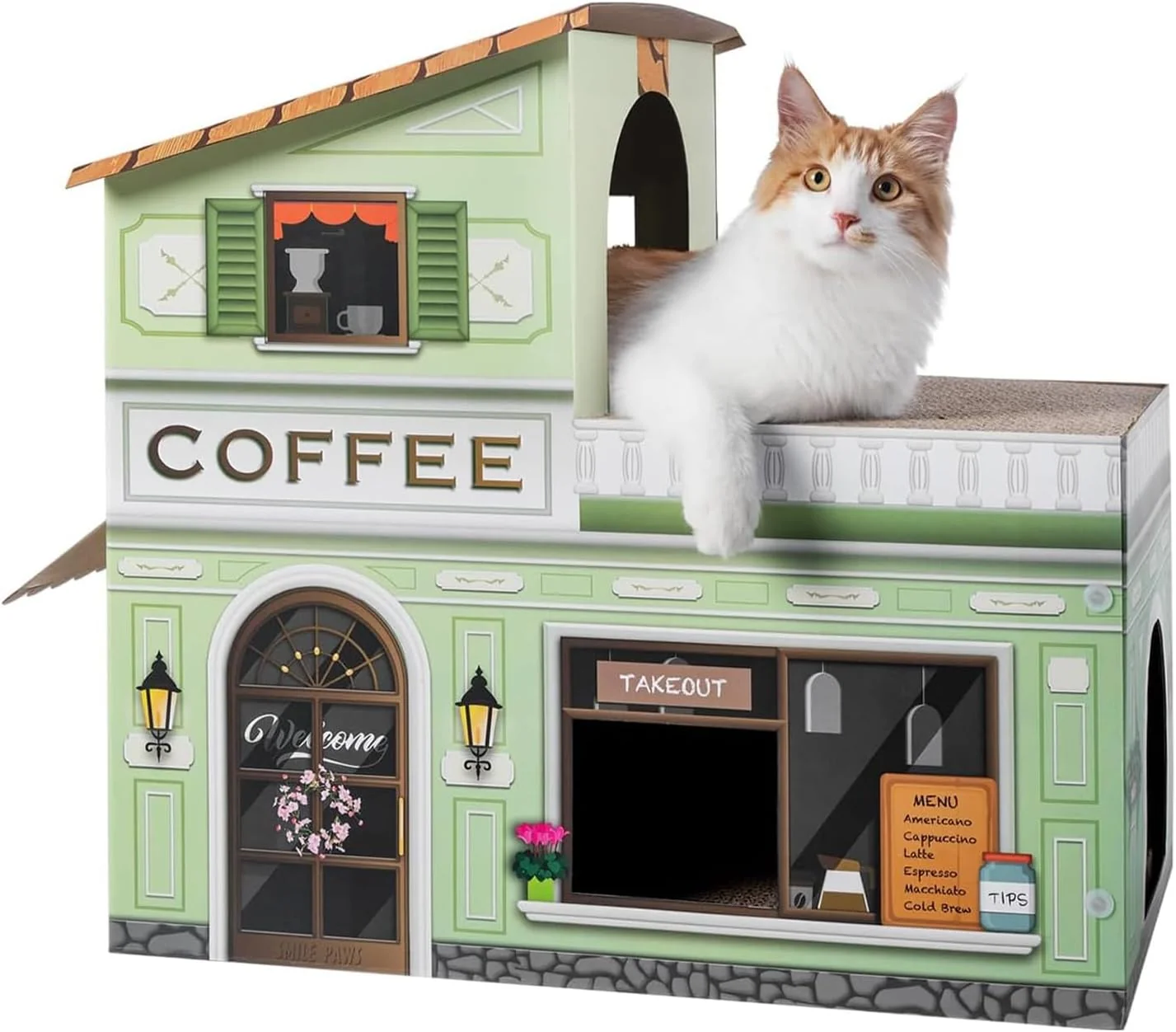 Casual Cat Beds for Indoor Cats Cardboard Cat House with Scratchers Coffee Shop Large Sturdy Cat Furniture Condo Cave Tent Easy to Assemble Pet Toys Accessories Stuffs Bunny Small Animals Premium