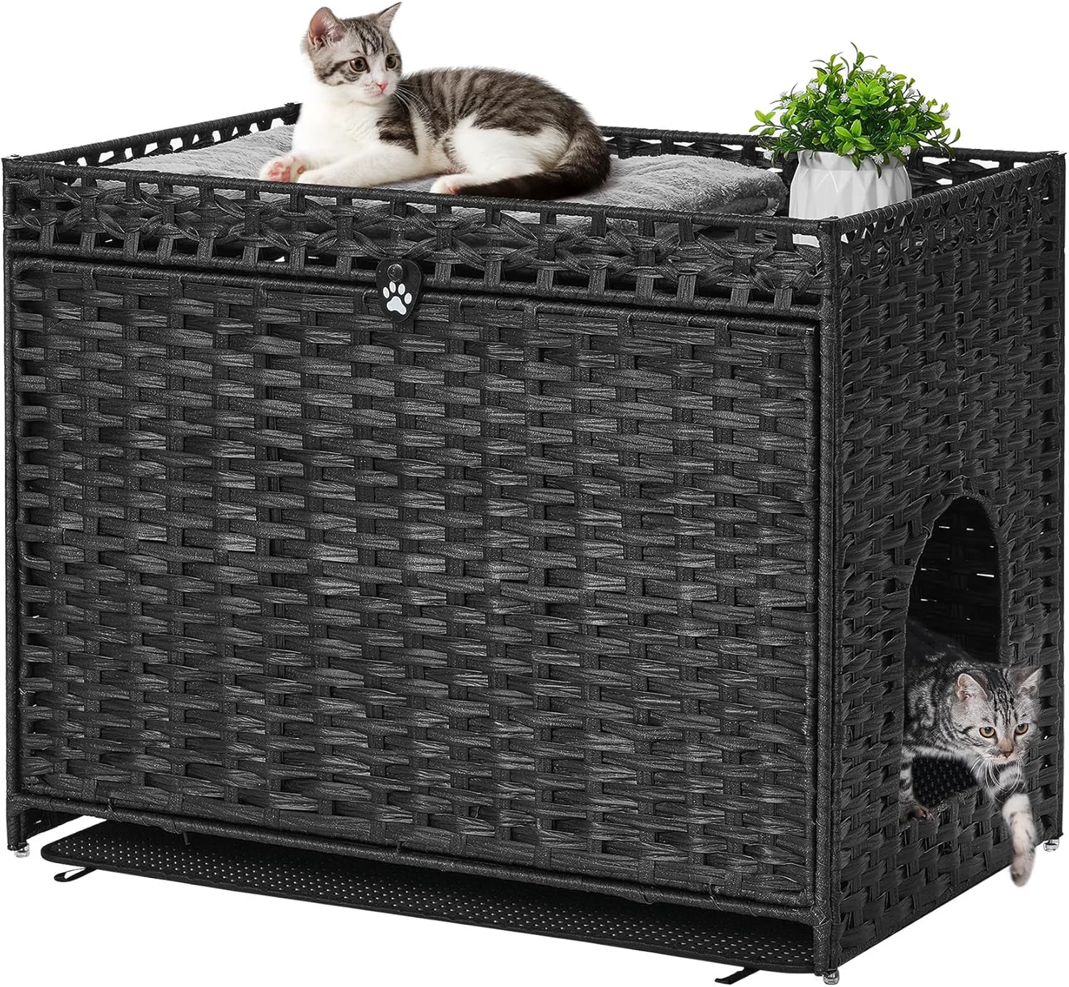 World-Class Cat Litter Box Enclosure with Soft Litter Mat Hidden Cat Washroom Furniture with Door Handwoven Rattan Cat House with Large Space Pet Crate for Living Room Bedroom Balcony Black User-Friendly