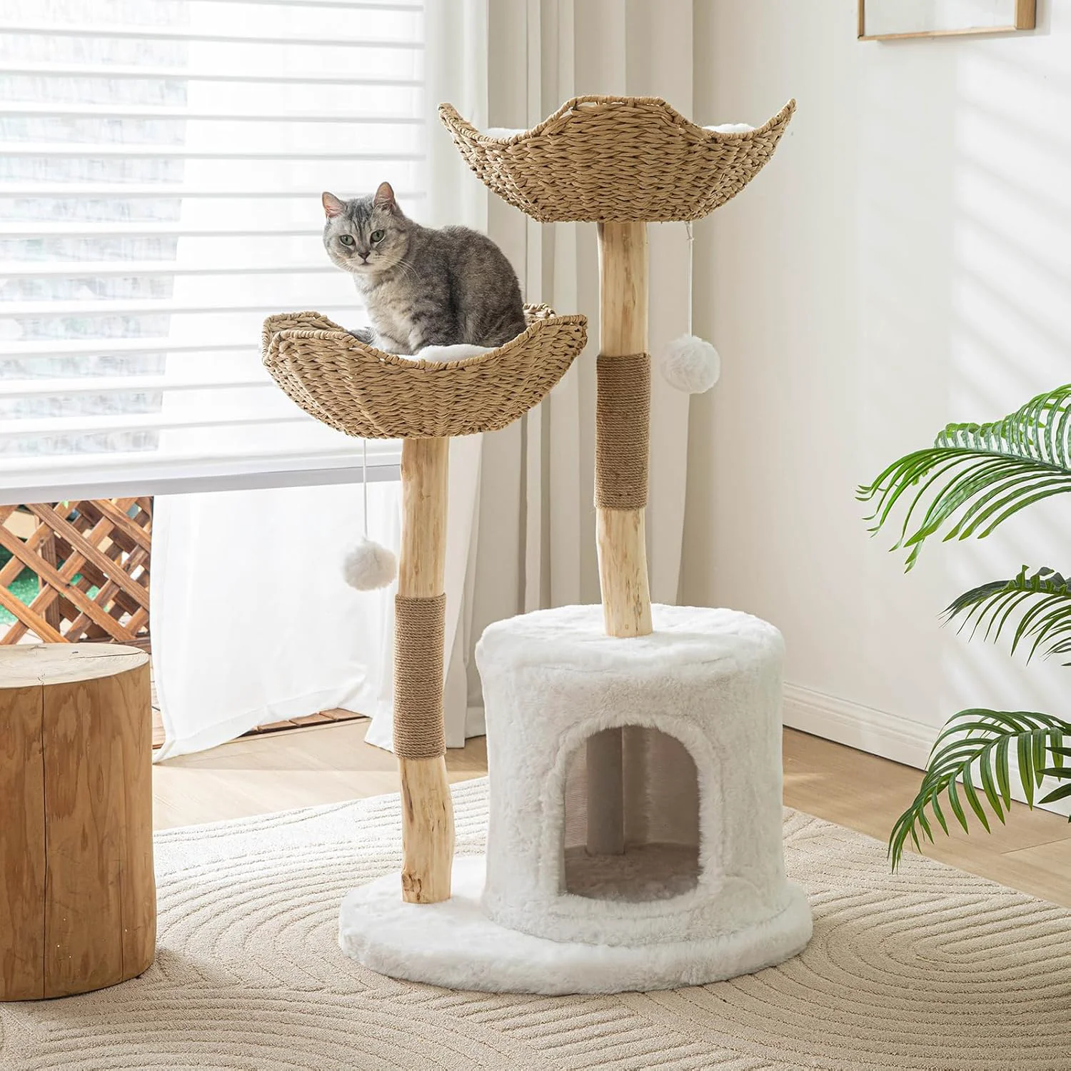 Cat Tree Tower 46 inch Modern Cat Tree for Indoor Cats Large Adult Luxury Cat Condo with Scratching Post Solid Wood Branch Indoor Boho Furniture Climbing Tower White High-Grade