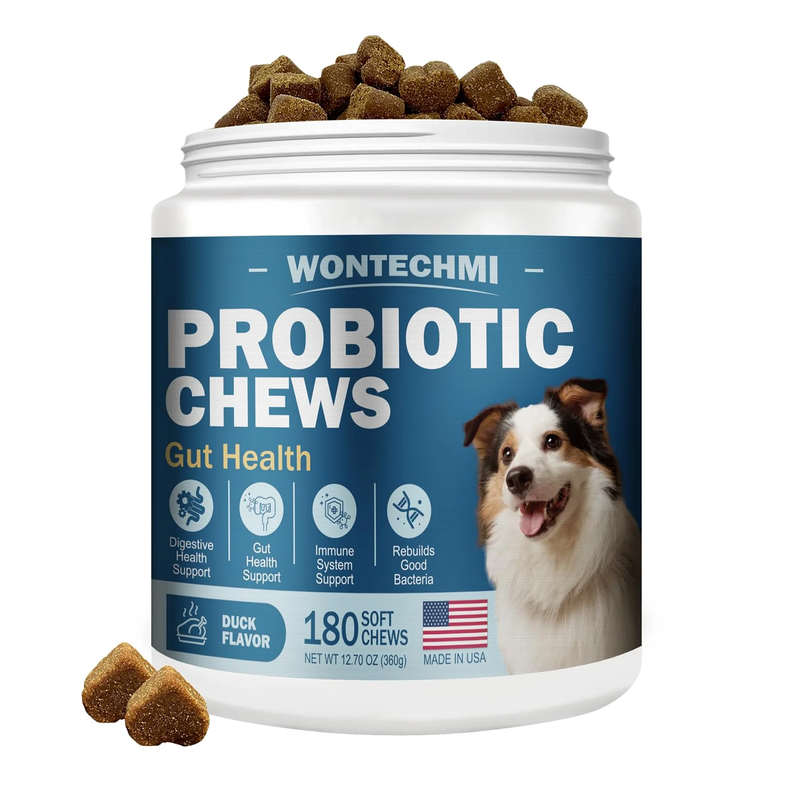 Healthy WONTECHMI Probiotics for Dogs – Duck-Flavored Digestive Skin Support 180 Chews Organic