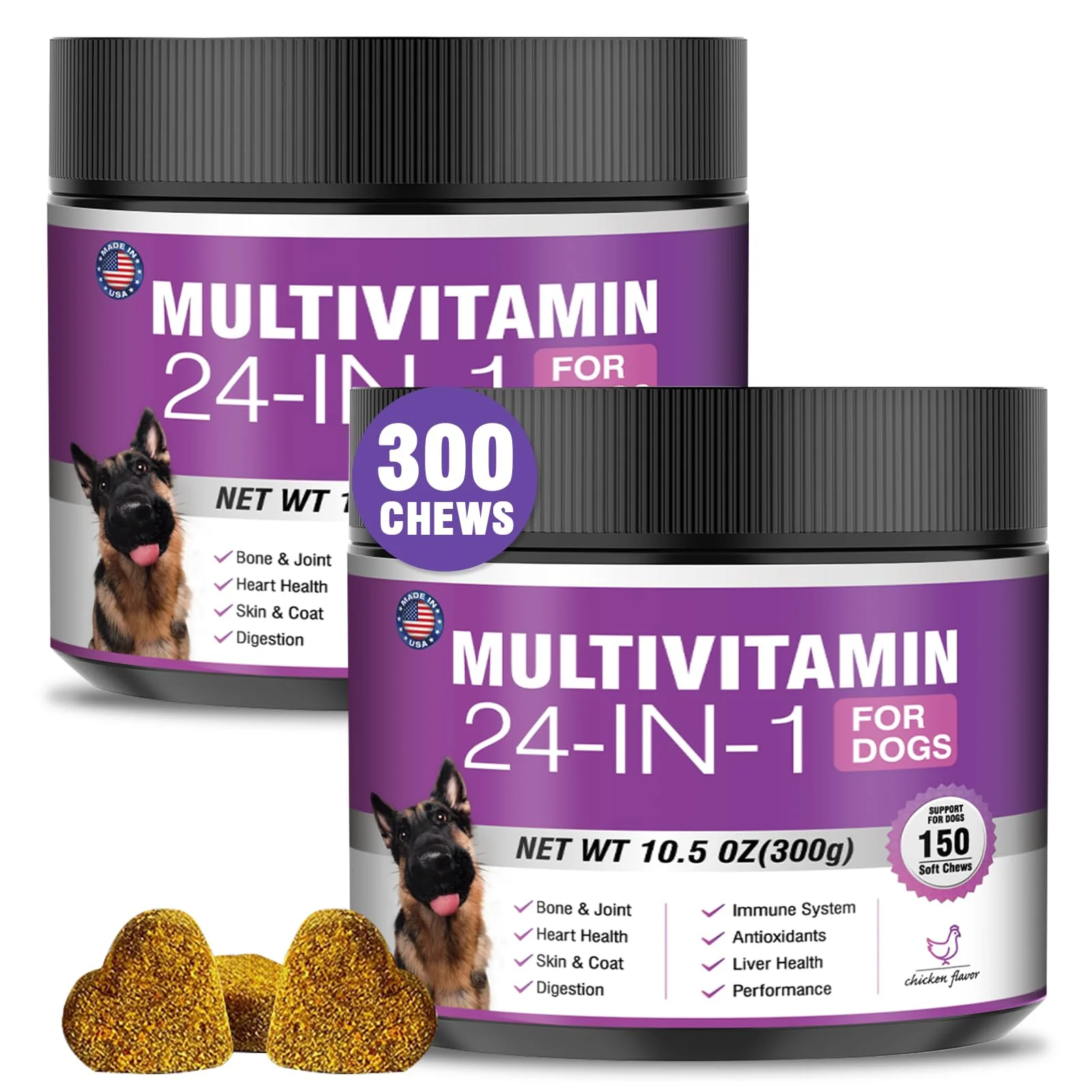 High-End TTLXBL 24-in-1 Dog Vitamins Supplements 300-Count Multivitamin Chewables with Probiotics Omega-3 Glucosamine Modern
