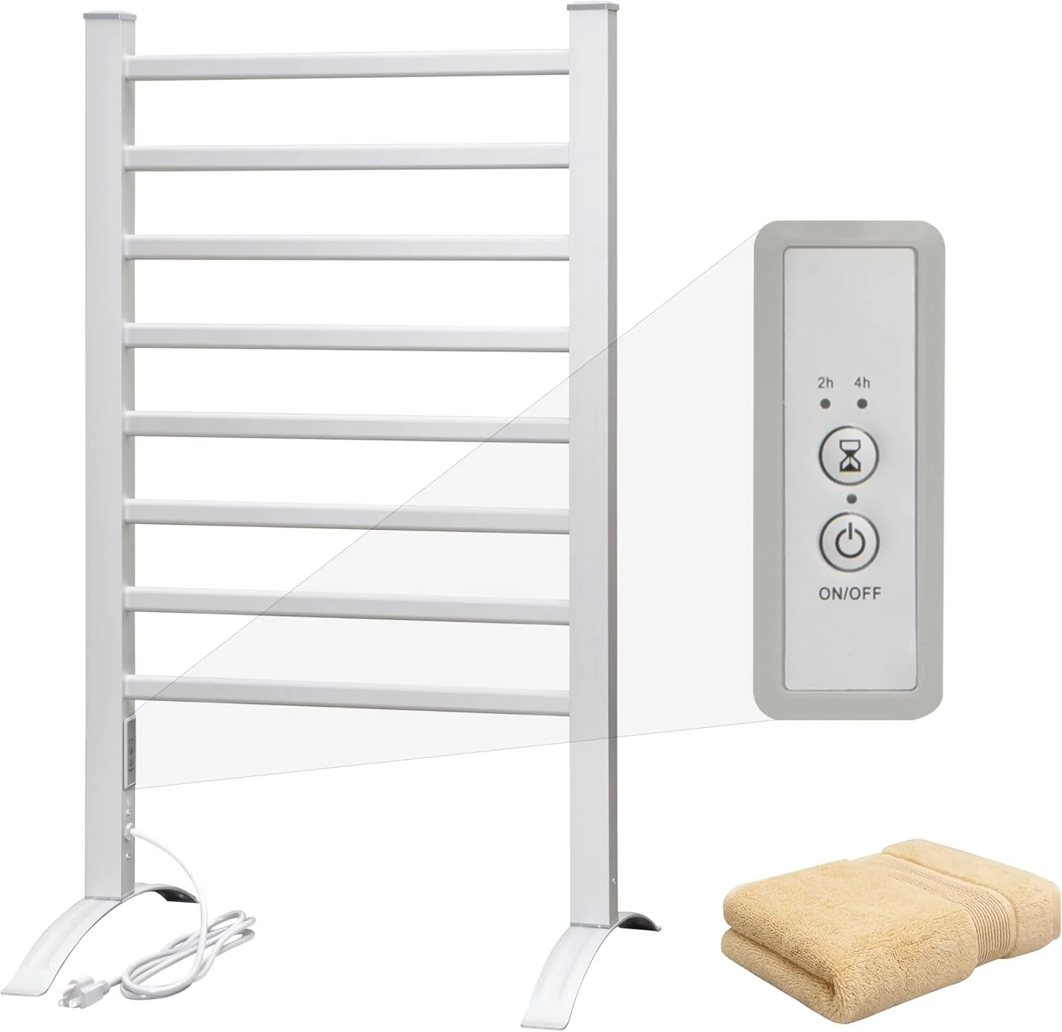 Premium KEG Towel Warmer 8 Bars for Bathroom standing or Wall Mounted Bath Towel Heater Plug-in with Built-in Timer Silver Organic