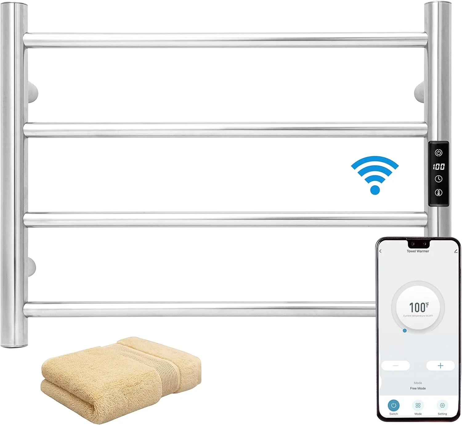 Solid KEG Smart WiFi Towel Warmer Wall Mounted with Built-in Timer and Temperature Adjust Control 4 Bars Electric Stainless Steel Heated Towel Racks for Bathroom Polish Chrome Consistent