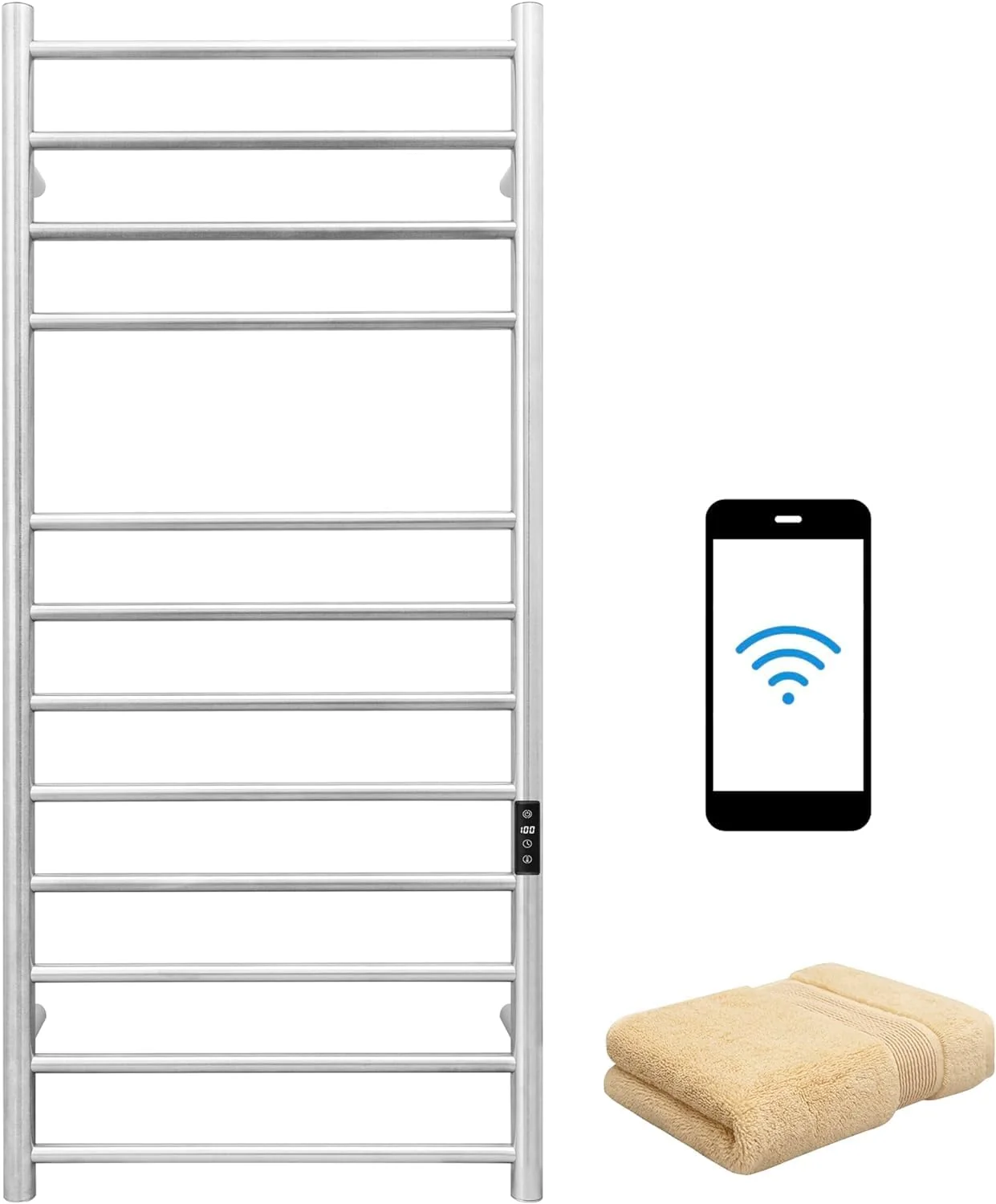 Expertly Made KEG Smart WiFi Towel Warmer Wall Mounted with Built-in Timer and Temperature Adjust Control 12 Bars Electric Stainless Steel Heated Towel Racks for Bathroom Brushed Nickel Safe