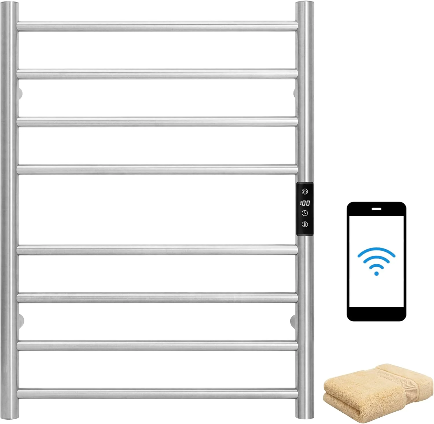 Comfortable KEG Smart WiFi Towel Warmer Wall Mounted with Built-in Timer and Temperature Adjust Control 8 Bars Electric Stainless Steel Heated Towel Racks for Bathroom Brushed Nickel Durable
